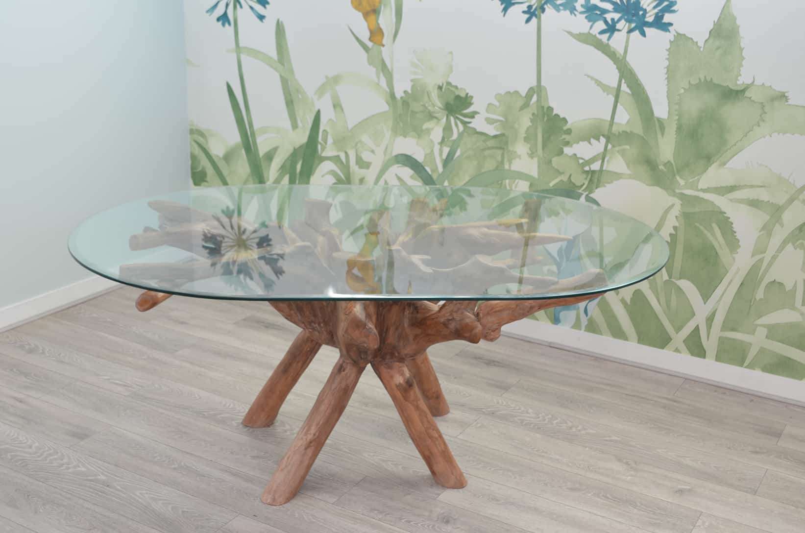 6 Seater Teak Root Dining Set | 1.8m Oval Teak Root Table with 6 Natural Banana Leaf Dining Chairs