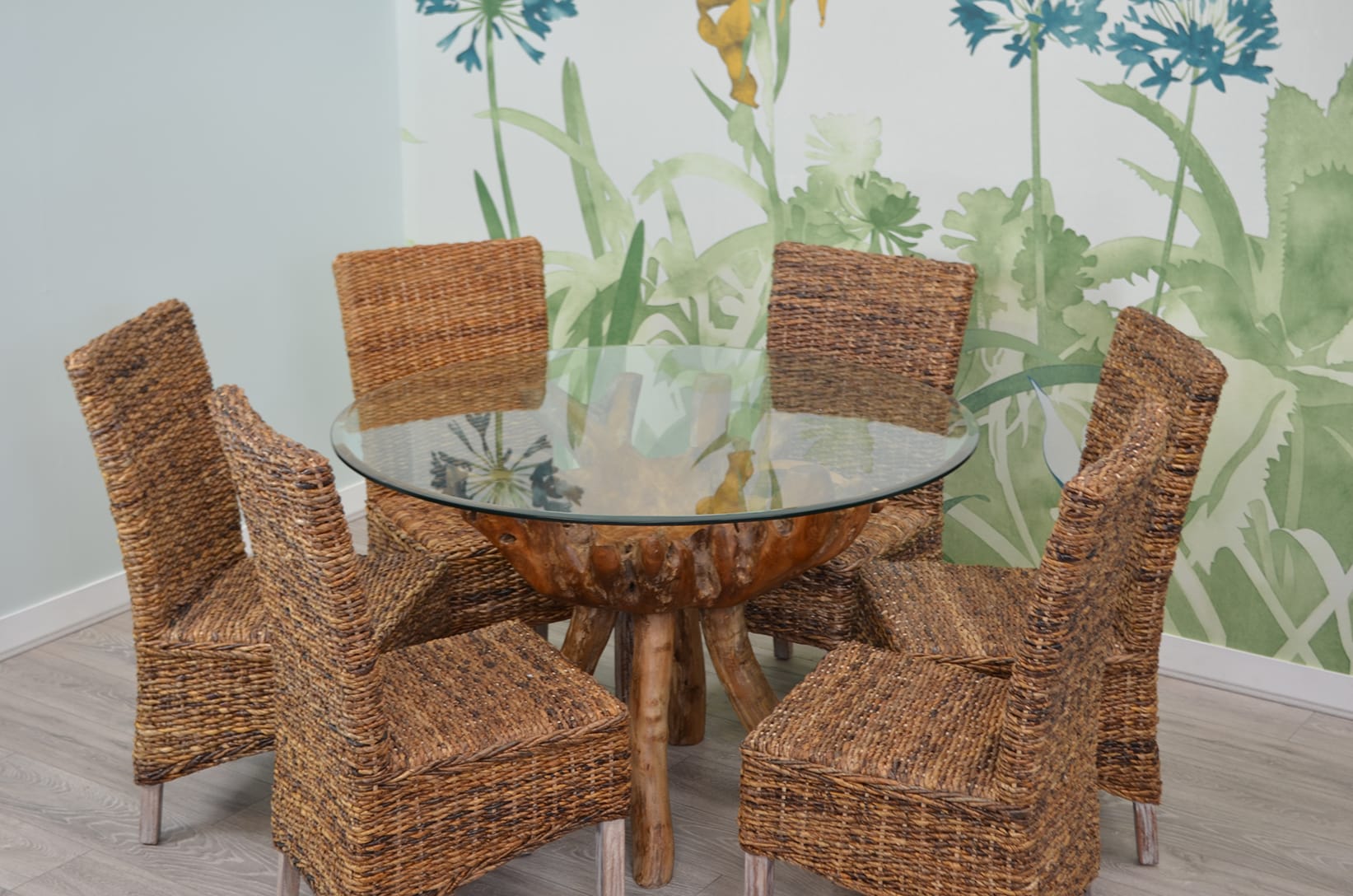 6 Seater Teak Root Dining Set | 1.2m Round Teak Root Table with 6 Natural Banana Leaf Dining Chairs