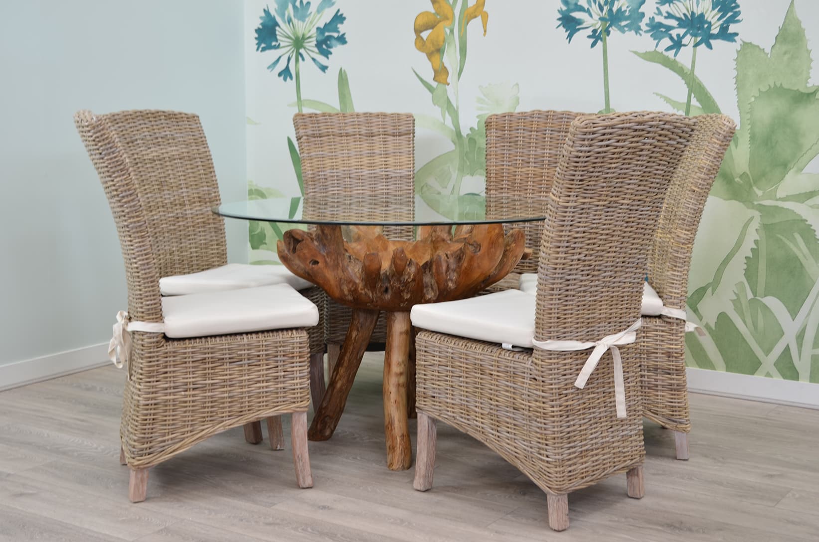 6 Seater Teak Root Dining Set | 1.2m Round Teak Root Table with 6 Natural Kubu Rattan Dining Chairs and Natural Cushions