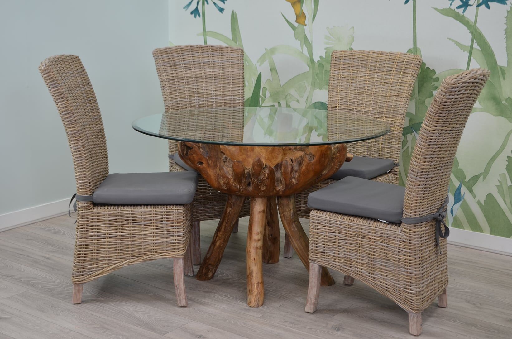 4 Seater Teak Root Dining Set | 1.2m Round Teak Root 1.2m Dining Table with 4 Natural Kubu Rattan Dining Chairs and Grey Cushions