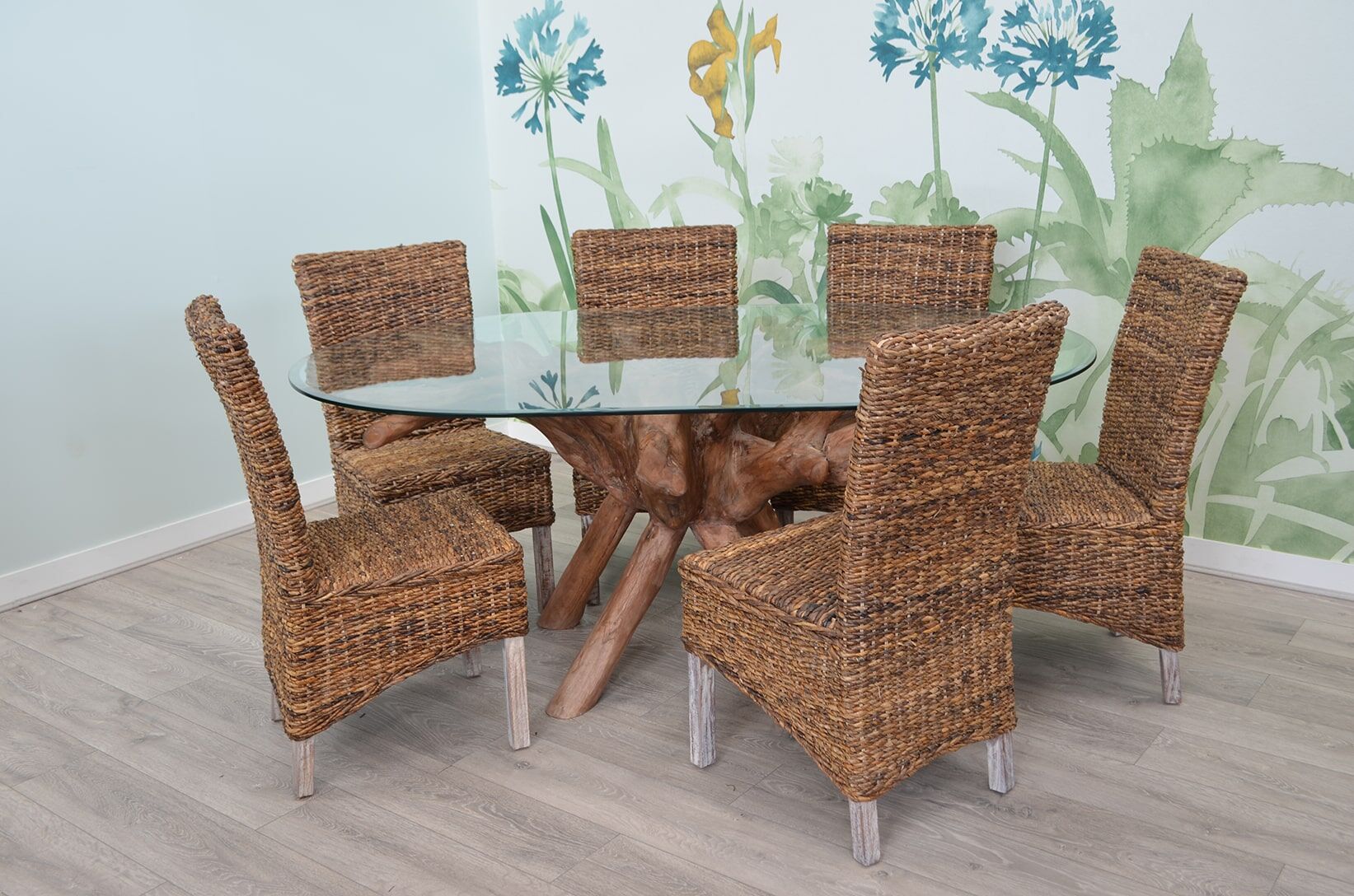 6 Seater Teak Root Dining Set | 1.8m Oval Teak Root Table with 6 Natural Banana Leaf Dining Chairs
