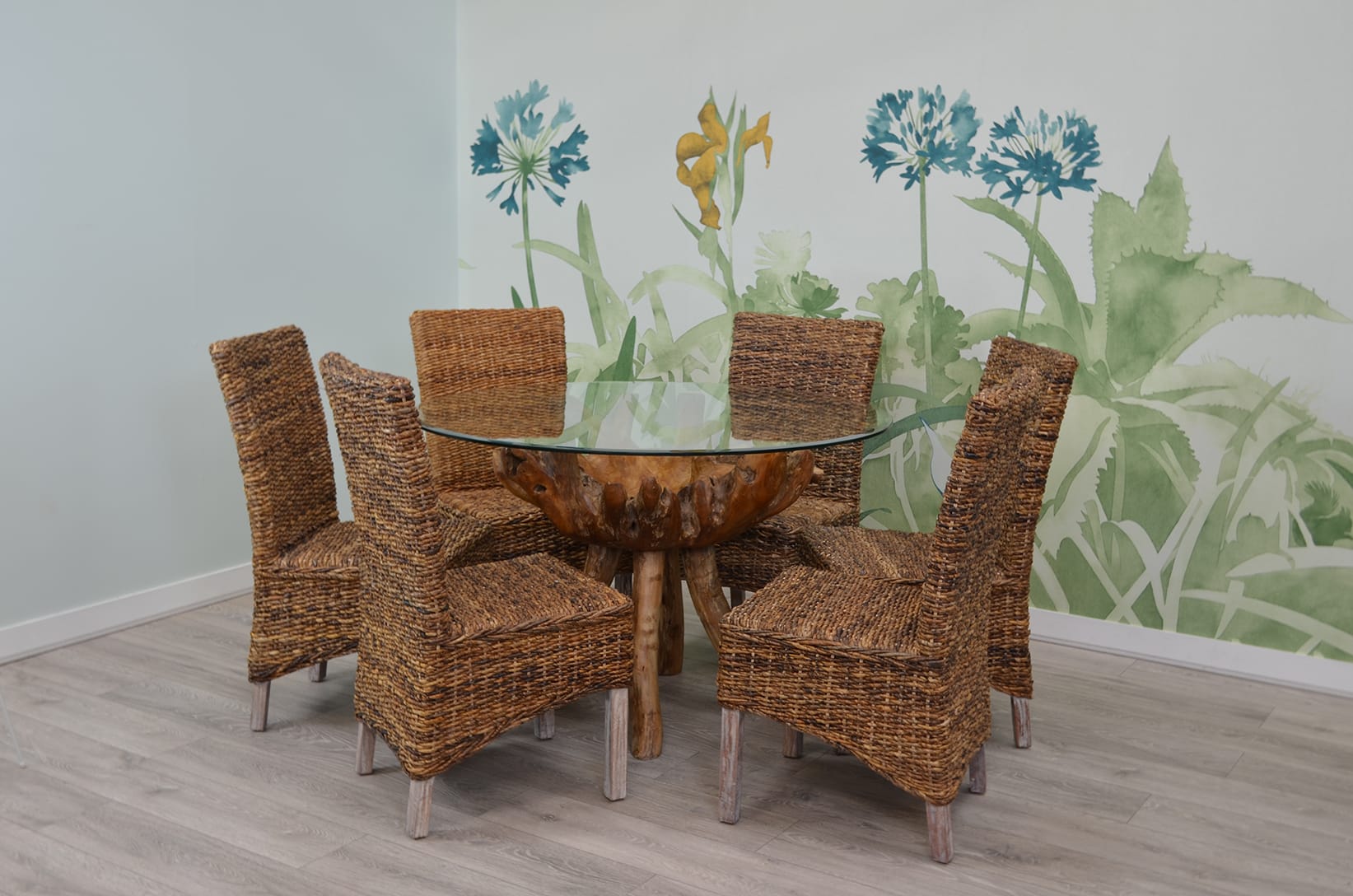 6 Seater Teak Root Dining Set | 1.2m Round Teak Root Table with 6 Natural Banana Leaf Dining Chairs