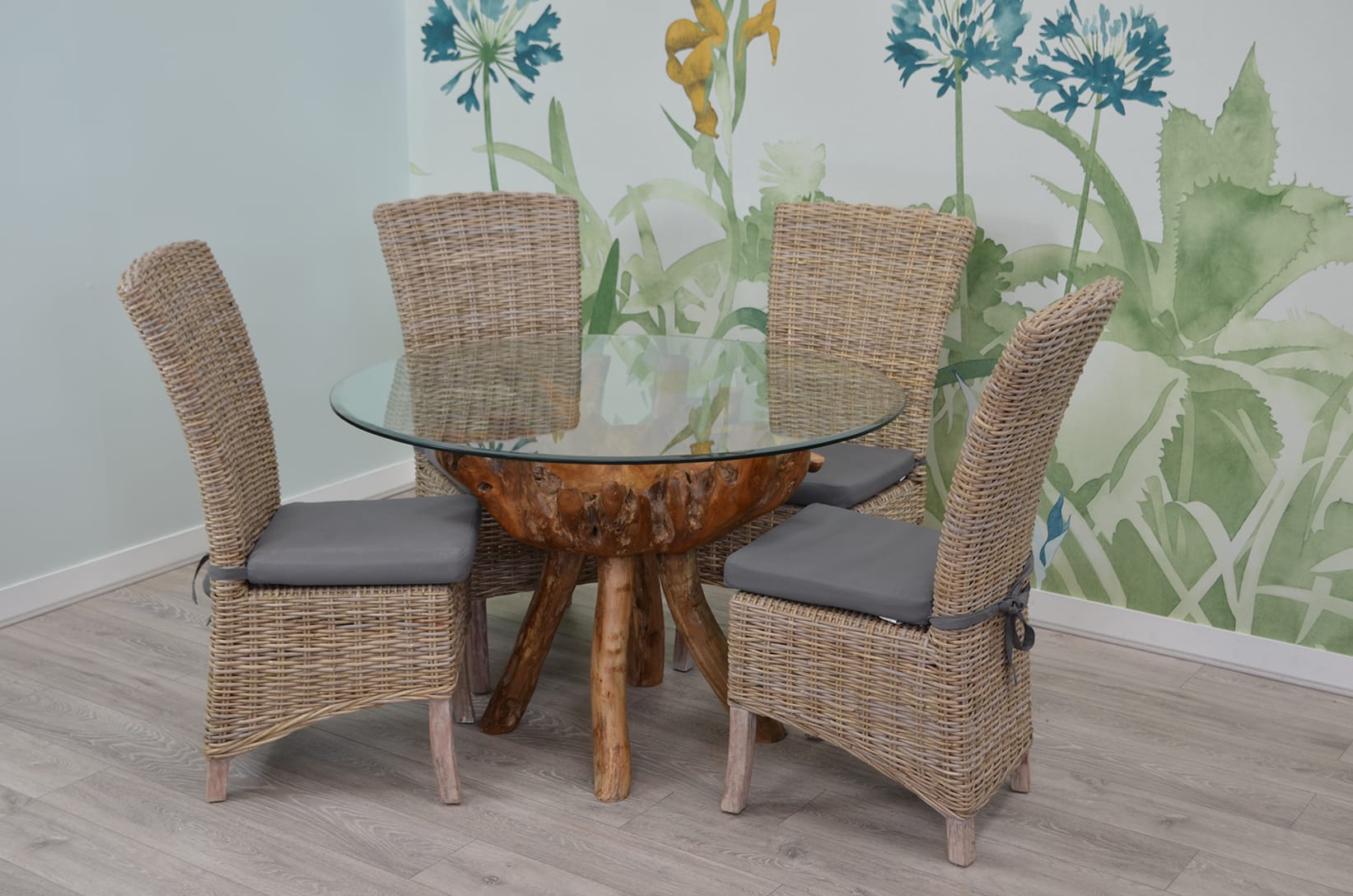 4 Seater Teak Root Dining Set | 1.2m Round Teak Root 1.2m Dining Table with 4 Natural Kubu Rattan Dining Chairs and Grey Cushions
