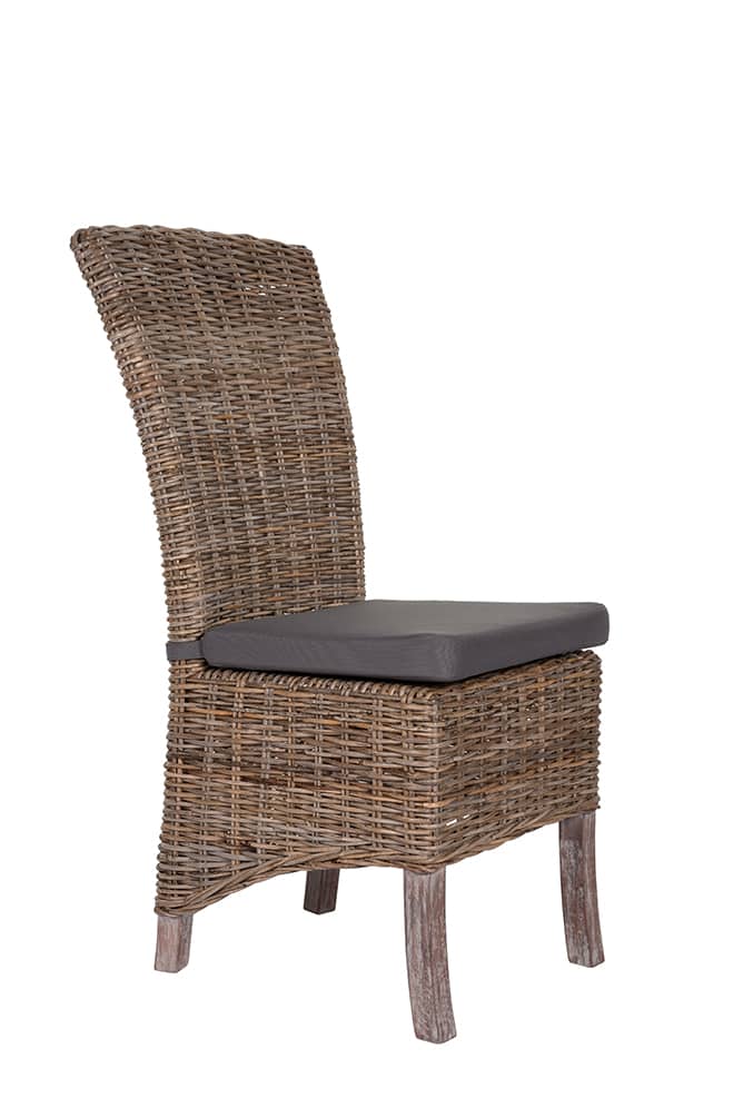 4 Seater Teak Root Dining Set | 1.2m Round Teak Root 1.2m Dining Table with 4 Natural Kubu Rattan Dining Chairs and Grey Cushions