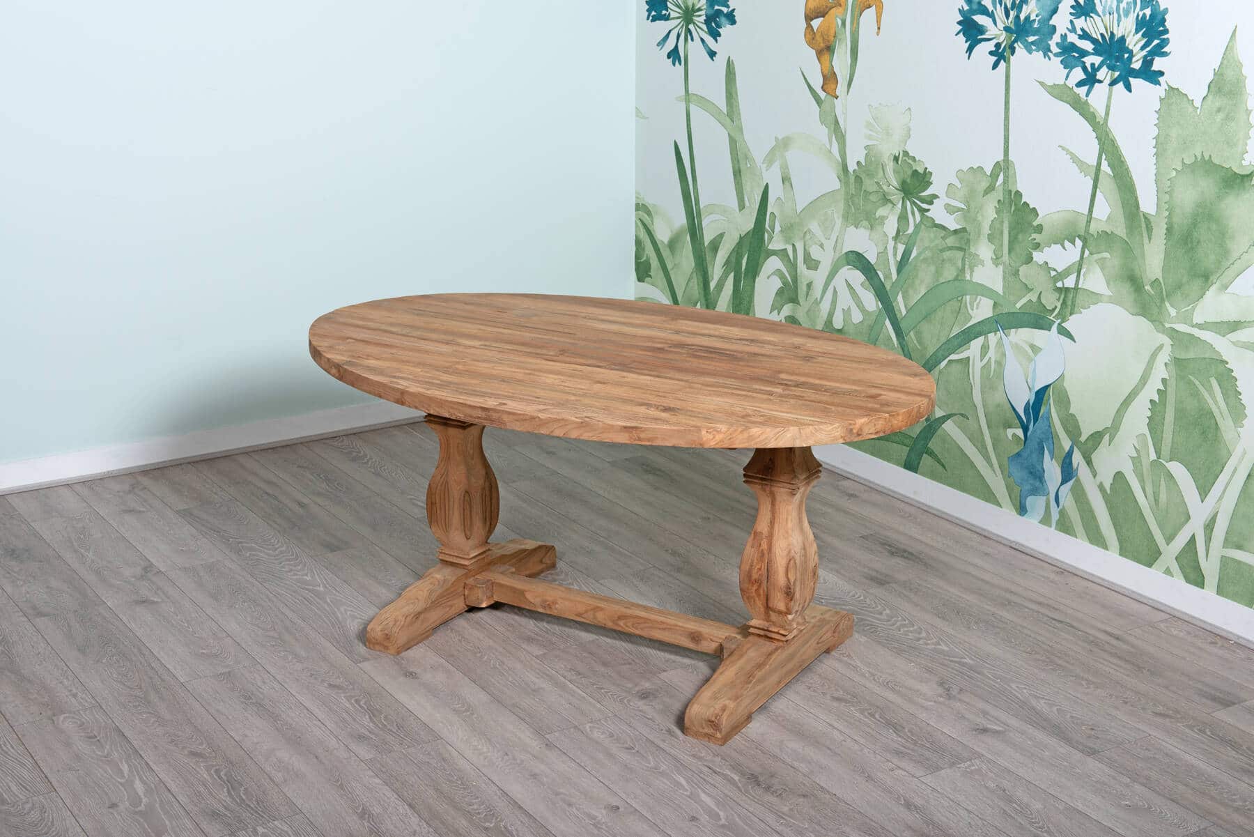 6 Seater Dining Set | 1.6m Oval Reclaimed Teak Dining Table with 6 Whitewash Kubu Rattan Wicker Dining Chairs and Natural Cushions