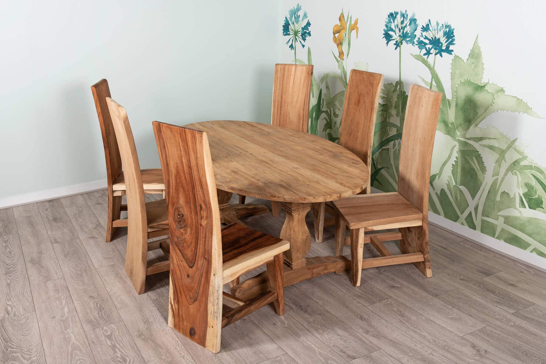 6 Seater Dining Set | 2m Oval Reclaimed Teak Dining Table with 6 Live Edge Full Length Back Dining Chairs