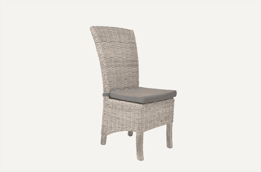 1.8m Reclaimed Teak Dining Set - 6 Seater | 1.8m Round Reclaimed Teak Dining Table with 6 Whitewash Rattan Dining Chairs and Grey Cushion