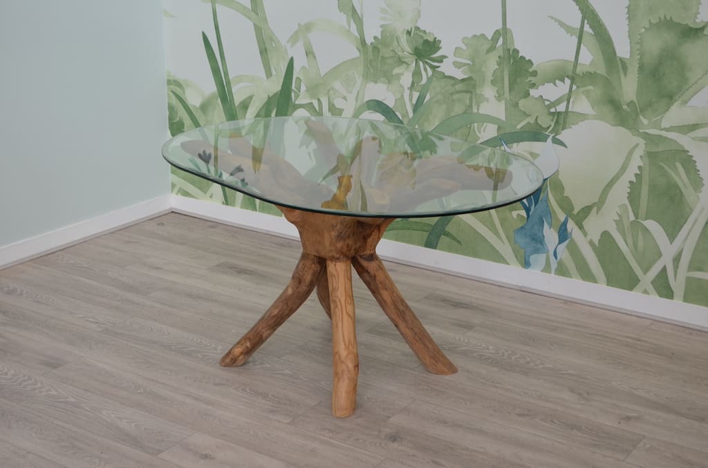 4 Seater Teak Root Dining Set | 1.4m Oval Teak Root Dining Table with 4 Live Edge Parallel Back Dining Chairs