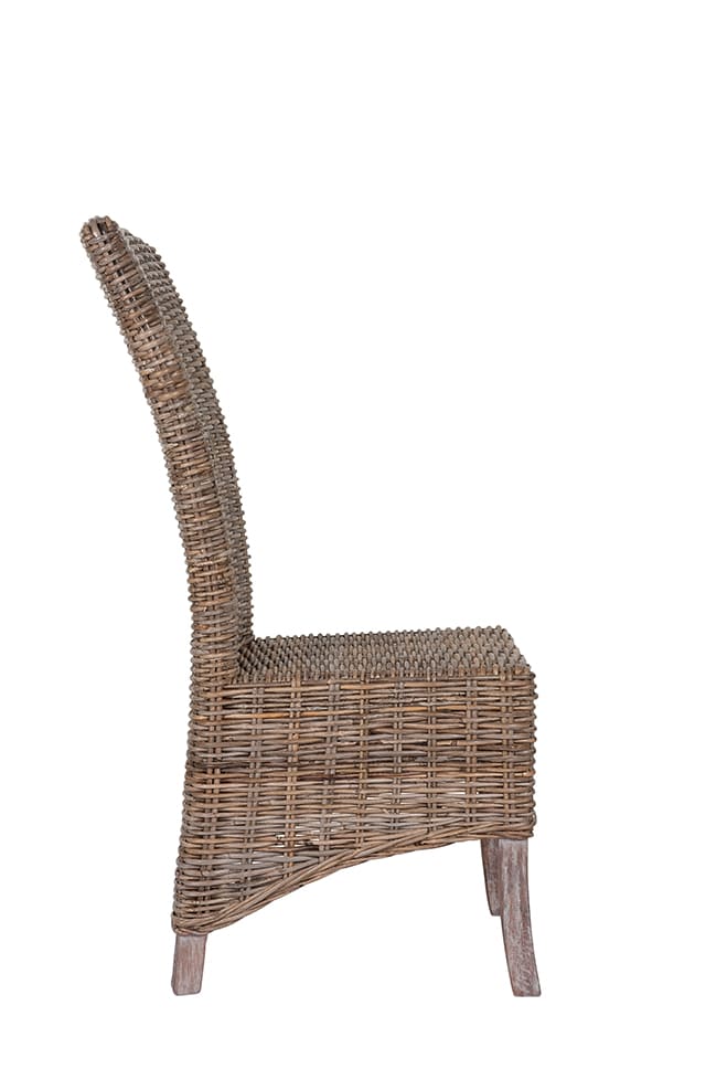 4 Seater Teak Root Dining Set | 1.2m Round Teak Root 1.2m Dining Table with 4 Natural Kubu Rattan Dining Chairs and Grey Cushions