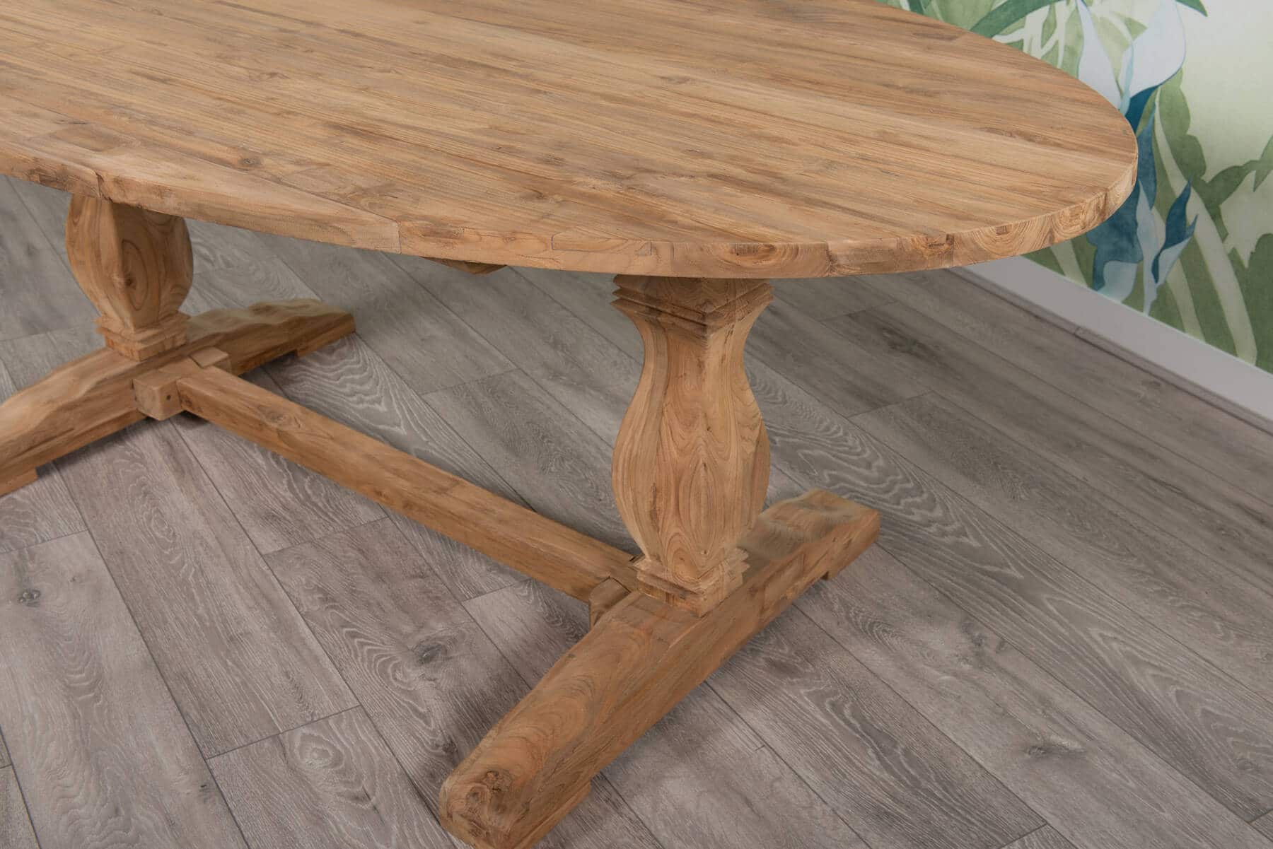 6 Seater Dining Set | 2m Oval Reclaimed Teak Dining Table with 6 Live Edge Full Length Back Dining Chairs