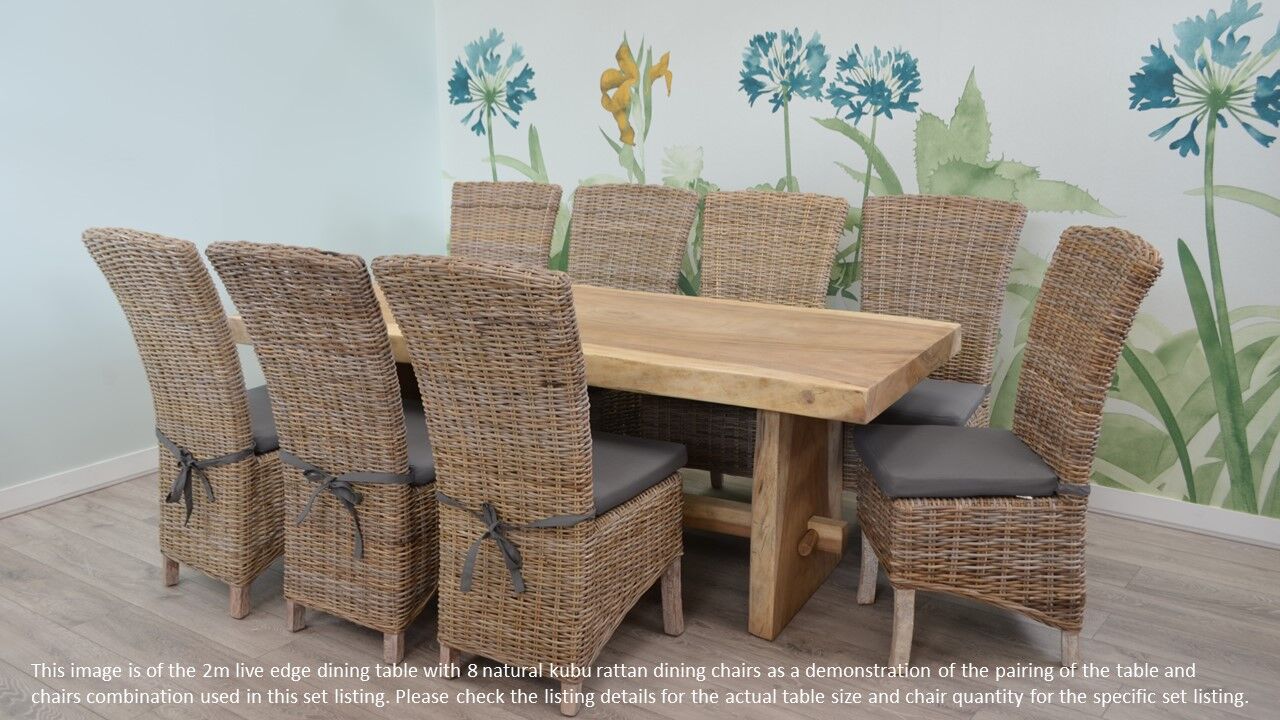 8 Seater Live Edge Dining Set | 2.5m Solid Wood Live Edge Dining Table with 8 Natural Kubu Rattan Dining Chairs and Grey Cushions