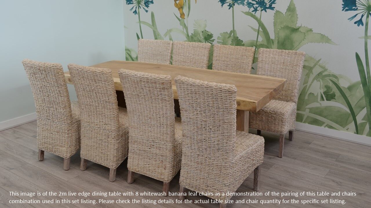 6 Seater Live Edge Dining Set | 1.5m Solid Wood Live Edge Dining Table with 6 Whitewash Banana Leaf Dining Chairs