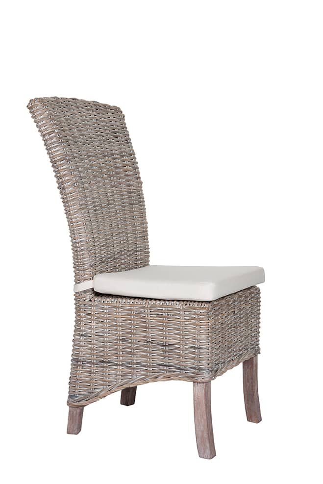 6 Seater Teak Root Dining Set | 1.5m Round Teak Root Table with 6 Whitewash Kubu Rattan Dining Chairs and Natural Cushions