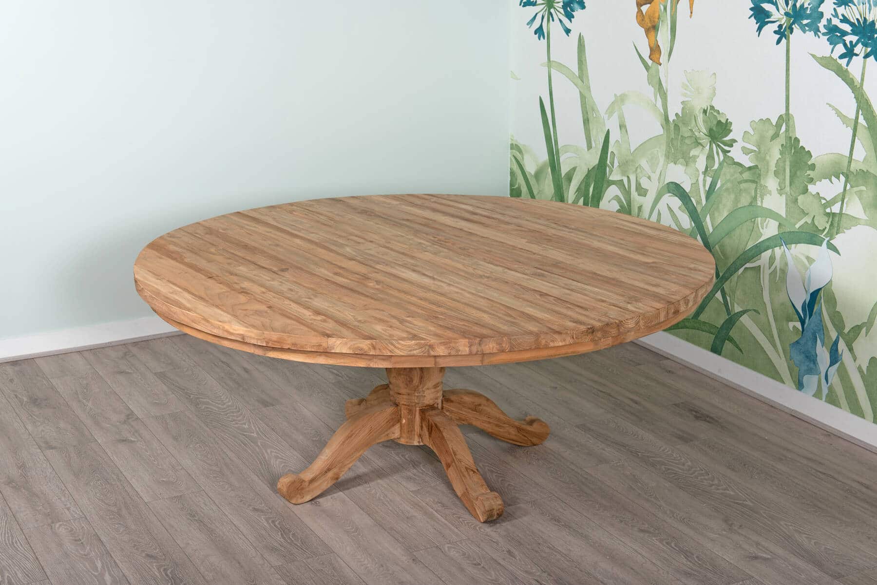 1.8m Reclaimed Teak Dining Set - 6 Seater | 1.8m Round Reclaimed Teak Dining Table with 6 Whitewash Rattan Dining Chairs and Grey Cushion