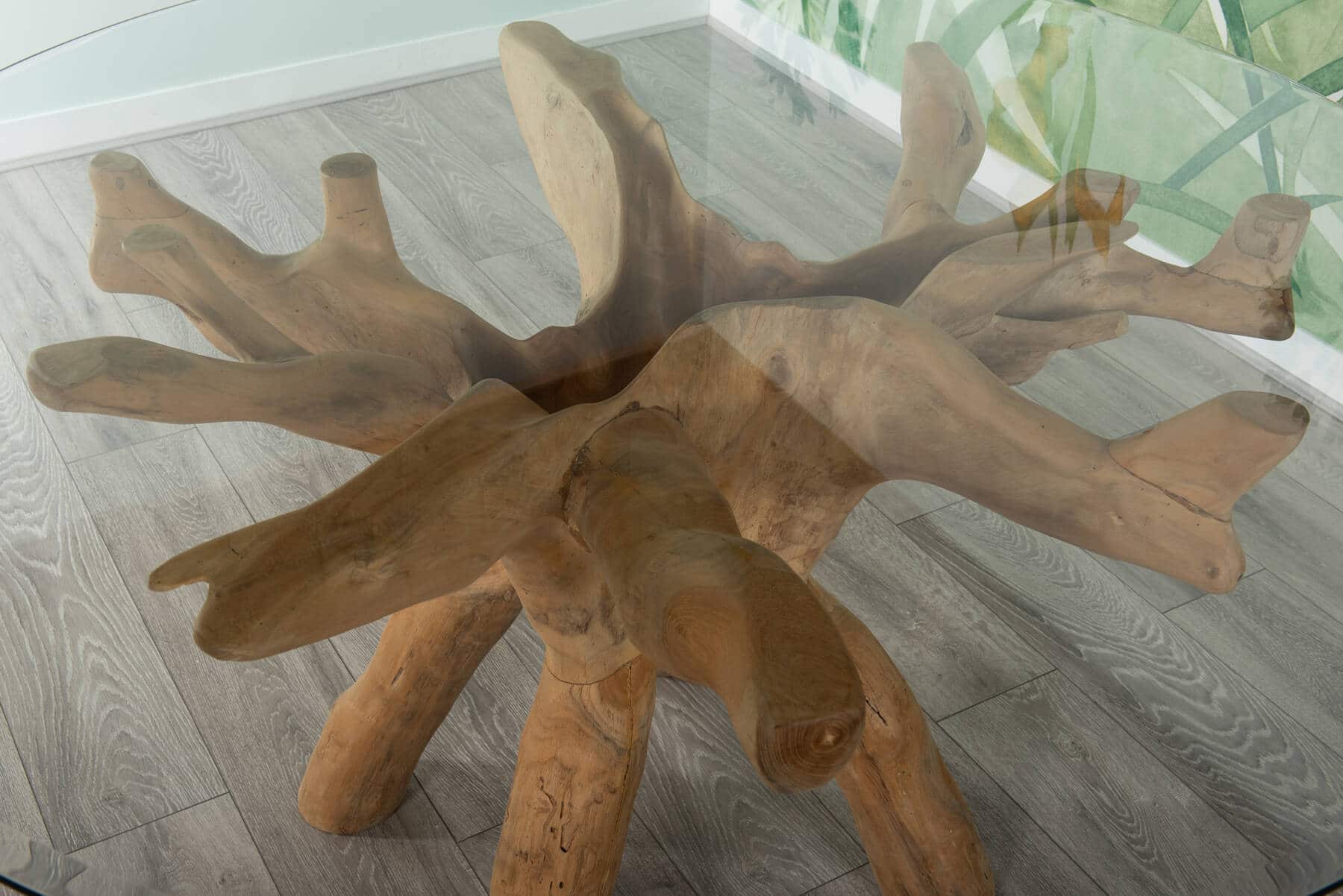 6 Seater Teak Root Dining Set | 1.5m Round Teak Root Table with 6 Whitewash Kubu Rattan Dining Chairs and Natural Cushions