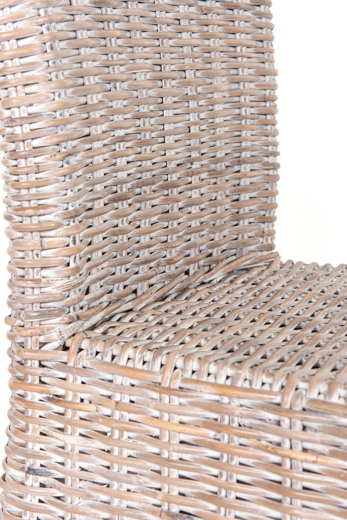 6 Seater Teak Root Dining Set | 1.5m Round Teak Root Table with 6 Whitewash Kubu Rattan Dining Chairs and Natural Cushions