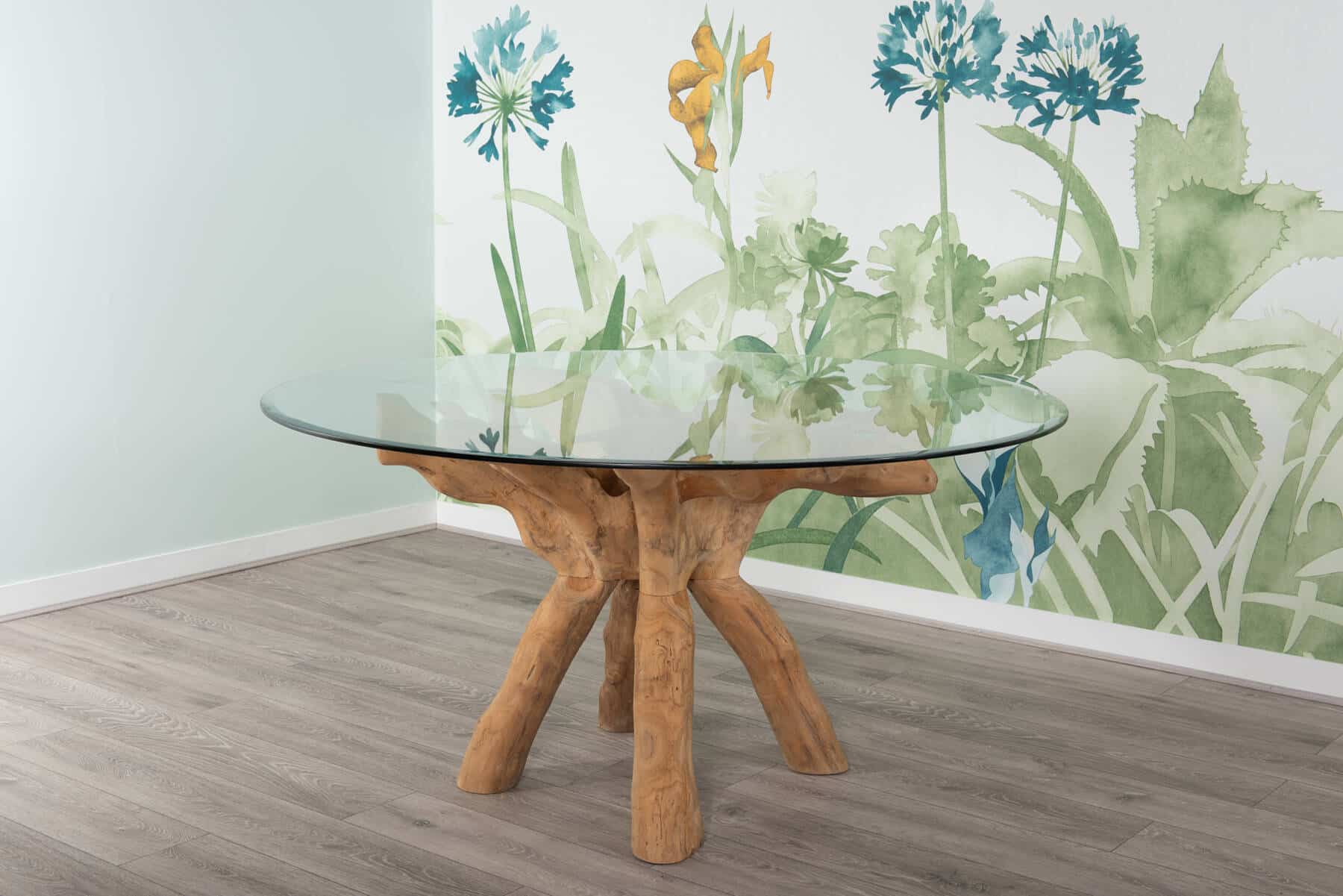 6 Seater Teak Root Dining Set | 1.5m Round Teak Root Table with 6 Whitewash Kubu Rattan Dining Chairs and Natural Cushions
