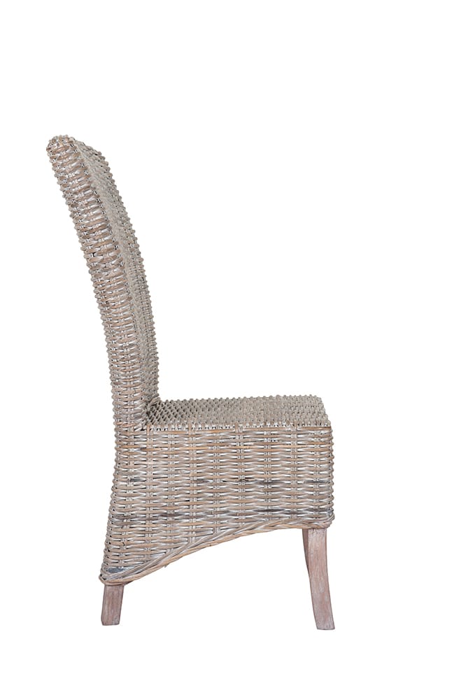 6 Seater Teak Root Dining Set | 1.5m Round Teak Root Table with 6 Whitewash Kubu Rattan Dining Chairs and Natural Cushions
