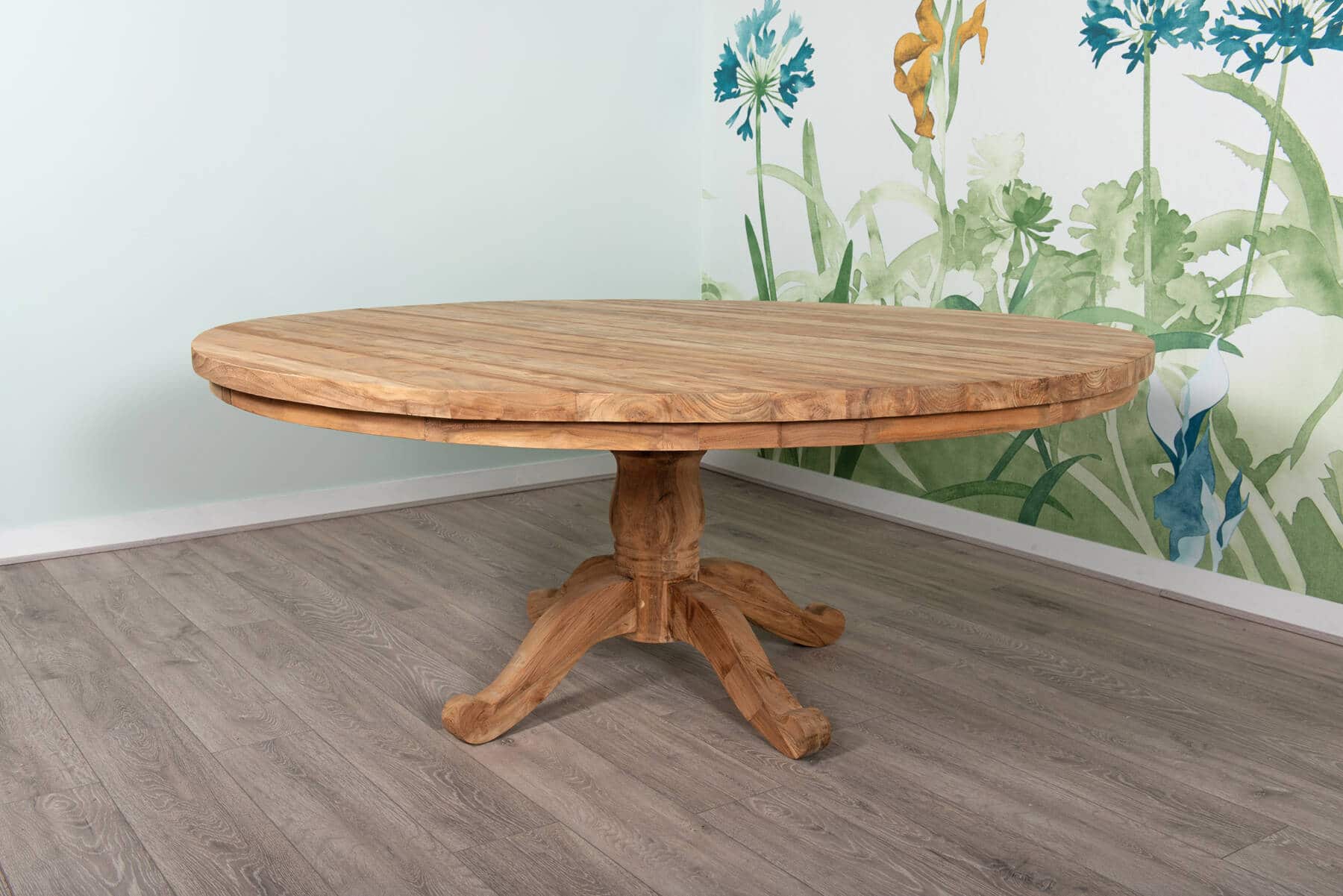 1.8m Reclaimed Teak Dining Set - 6 Seater | 1.8m Round Reclaimed Teak Dining Table with 6 Whitewash Rattan Dining Chairs and Grey Cushion