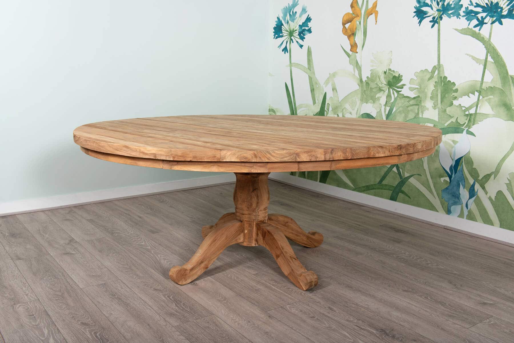 8 Seater Dining Set | 1.8m Round Reclaimed Teak Dining Table with 8 Natural Kubu Wicker Tub Chairs and Natural Cushions
