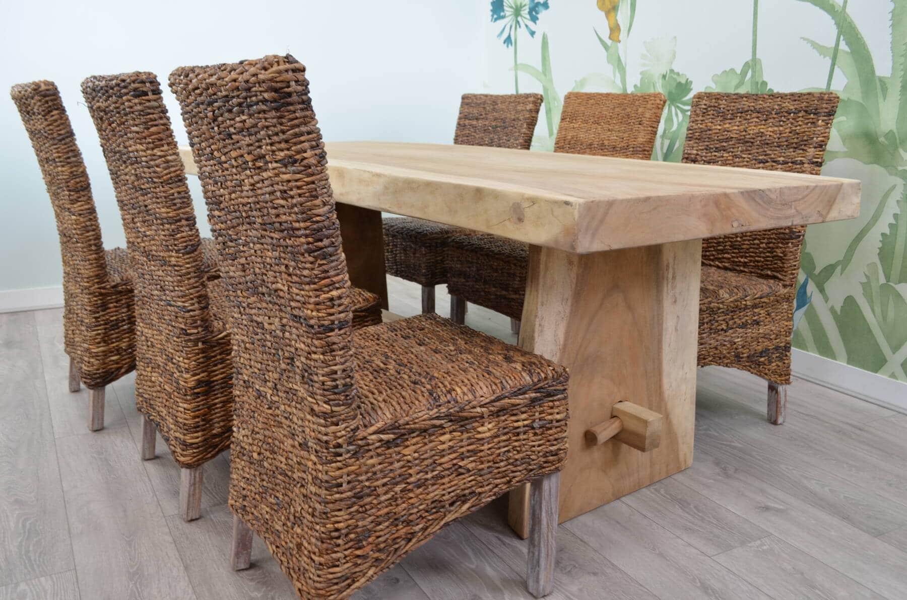 6 Seater Live Edge Dining Set | 2m Solid Wood Live Edge Dining Table with 6 Natural Banana Leaf Dining Chairs