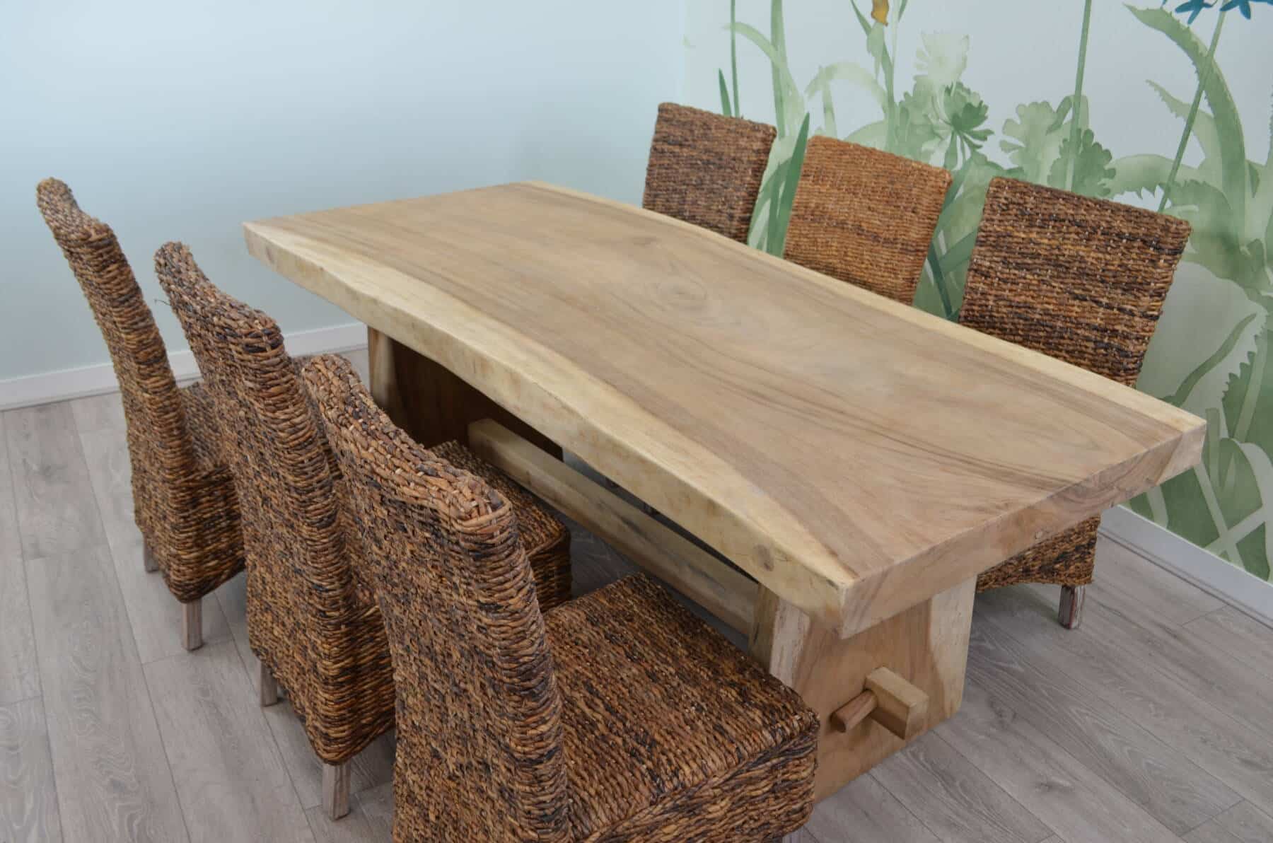 6 Seater Live Edge Dining Set | 2m Solid Wood Live Edge Dining Table with 6 Natural Banana Leaf Dining Chairs