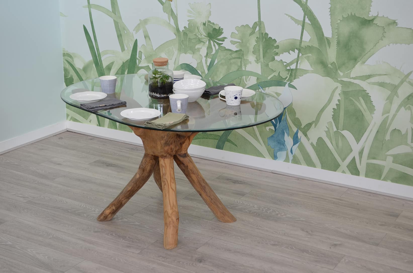 4 Seater Teak Root Dining Set | 1.4m Oval Teak Root Dining Table with 4 Live Edge Parallel Back Dining Chairs