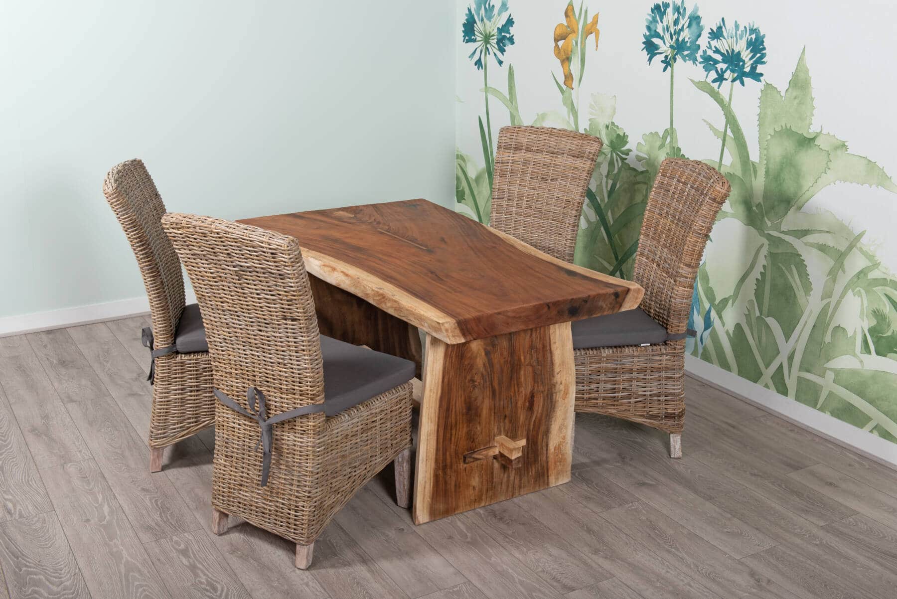 4 Seater Live Edge Dining Set | 1.5m Solid Wood Live Edge Dining Table with 4 Natural Kubu Rattan Wicker Dining Chairs and Grey Cushions