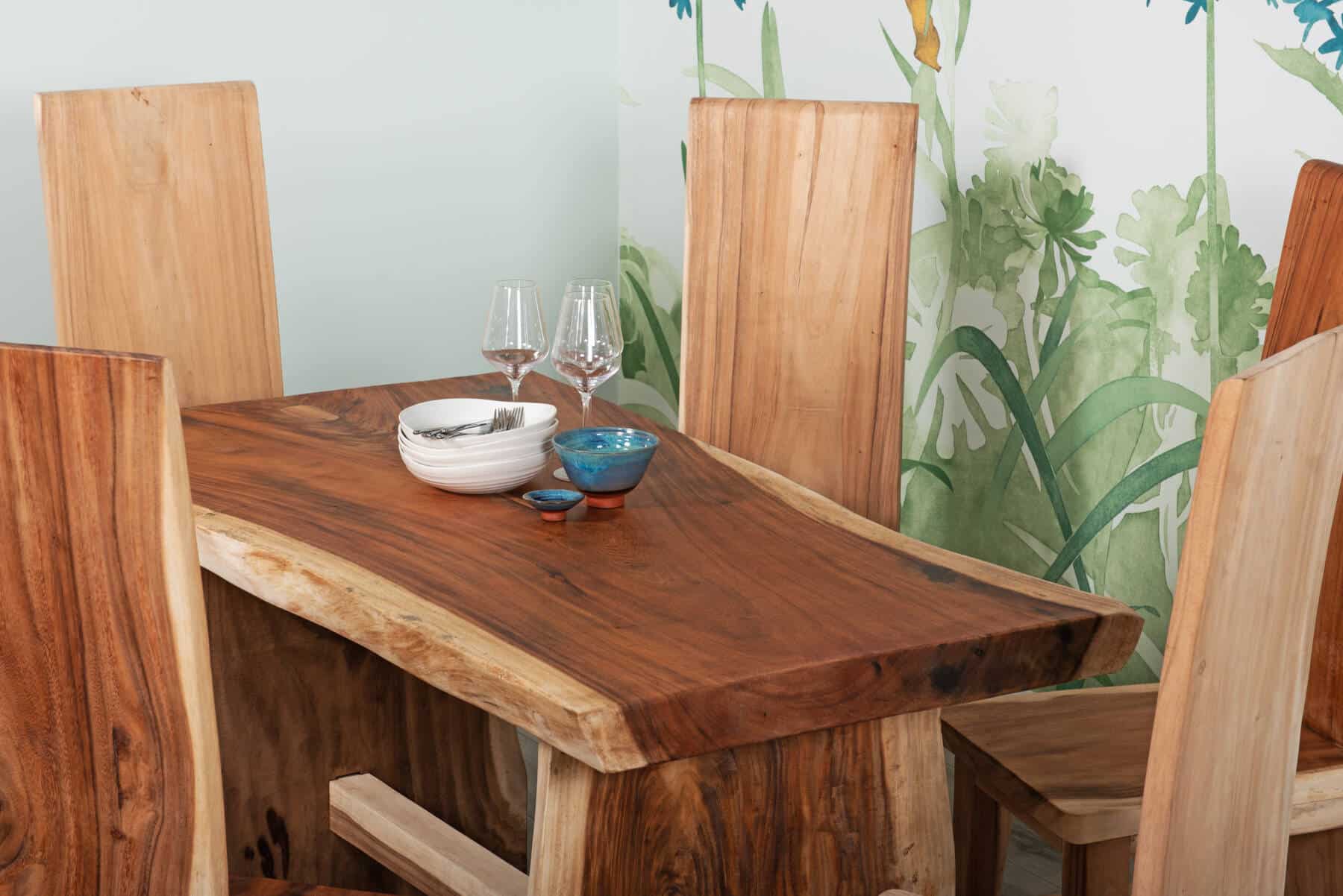 6 Seater Live Edge Dining Set | 1.5m Solid Wood Live Edge Dining Table with 6 Live Edge Full Length Back Chairs