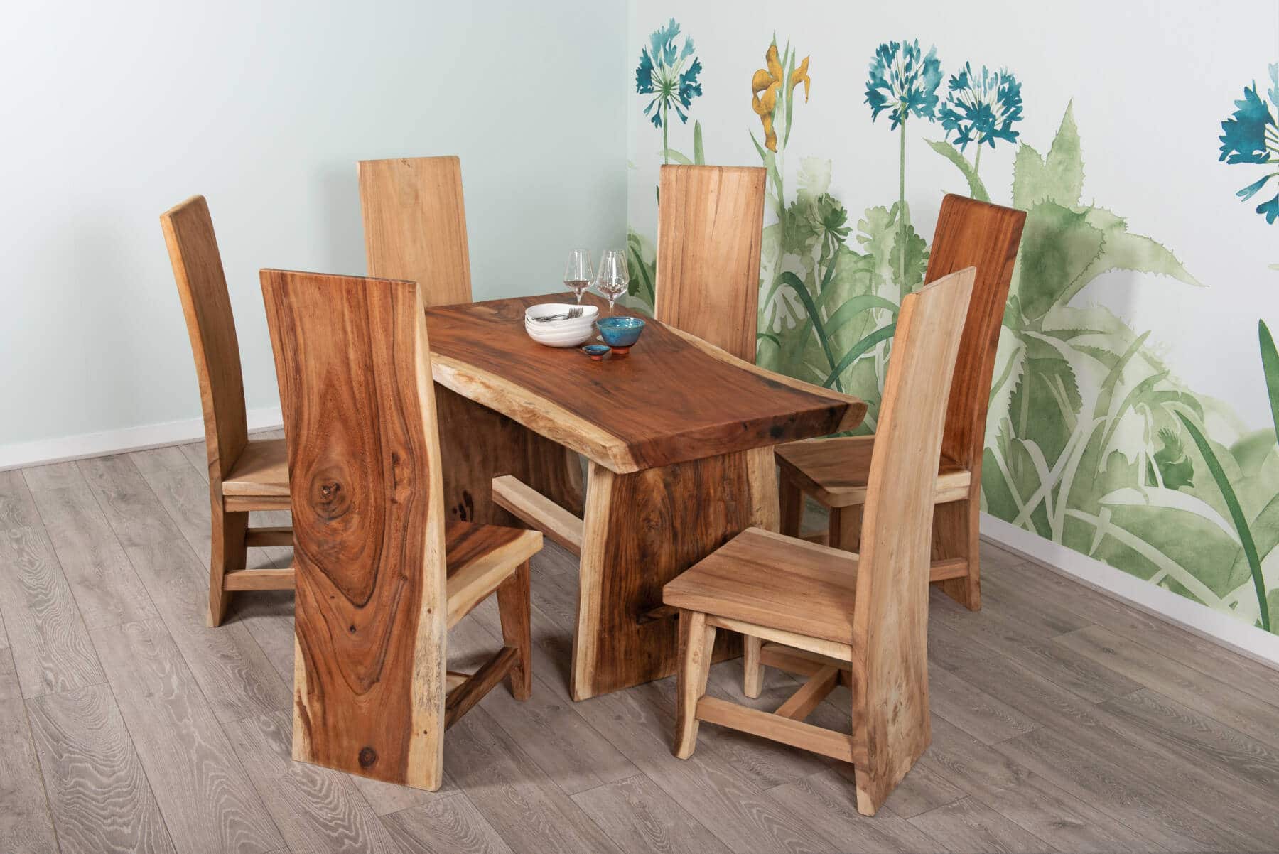 6 Seater Live Edge Dining Set | 1.5m Solid Wood Live Edge Dining Table with 6 Live Edge Full Length Back Chairs