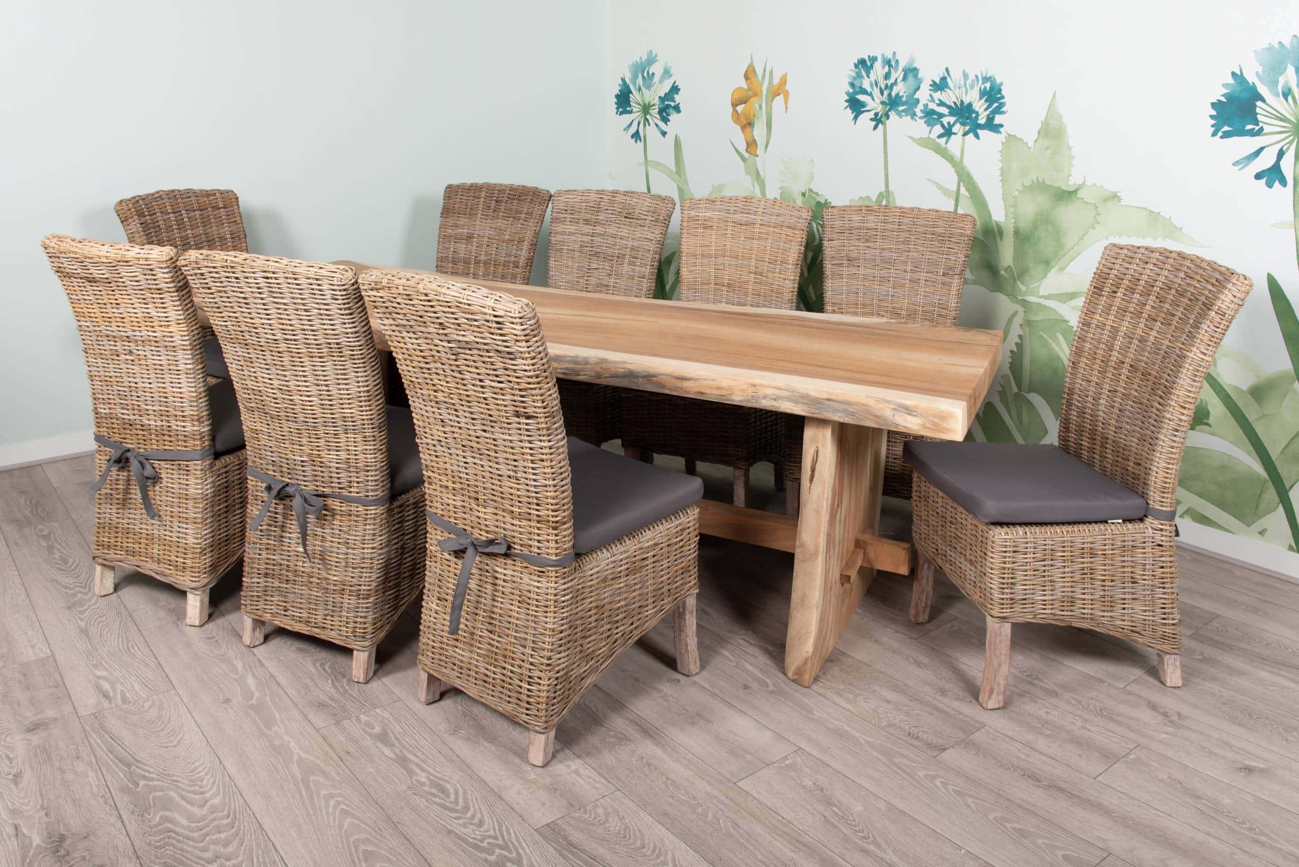 10 Seater Live Edge Dining Set | 2.5m Solid Wood Live Edge Dining Table with 10 Natural Kubu Rattan Wicker Dining Chairs and Grey Cushions