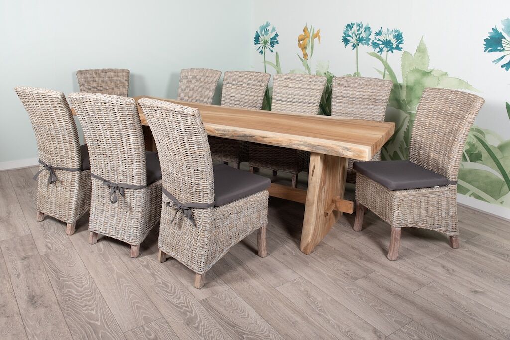 10 Seater Live Edge Dining Set | 2.5m Solid Wood Live Edge Dining Table with 10 Whitewash Kubu Rattan Wicker Dining Chairs and Grey Cushions
