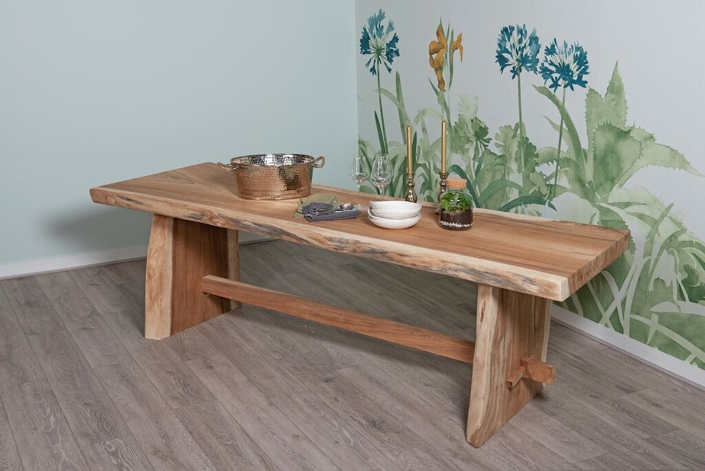 10 Seater Live Edge Dining Set | 2.5m Solid Wood Live Edge Dining Table with 10 Whitewash Kubu Rattan Wicker Dining Chairs and Grey Cushions