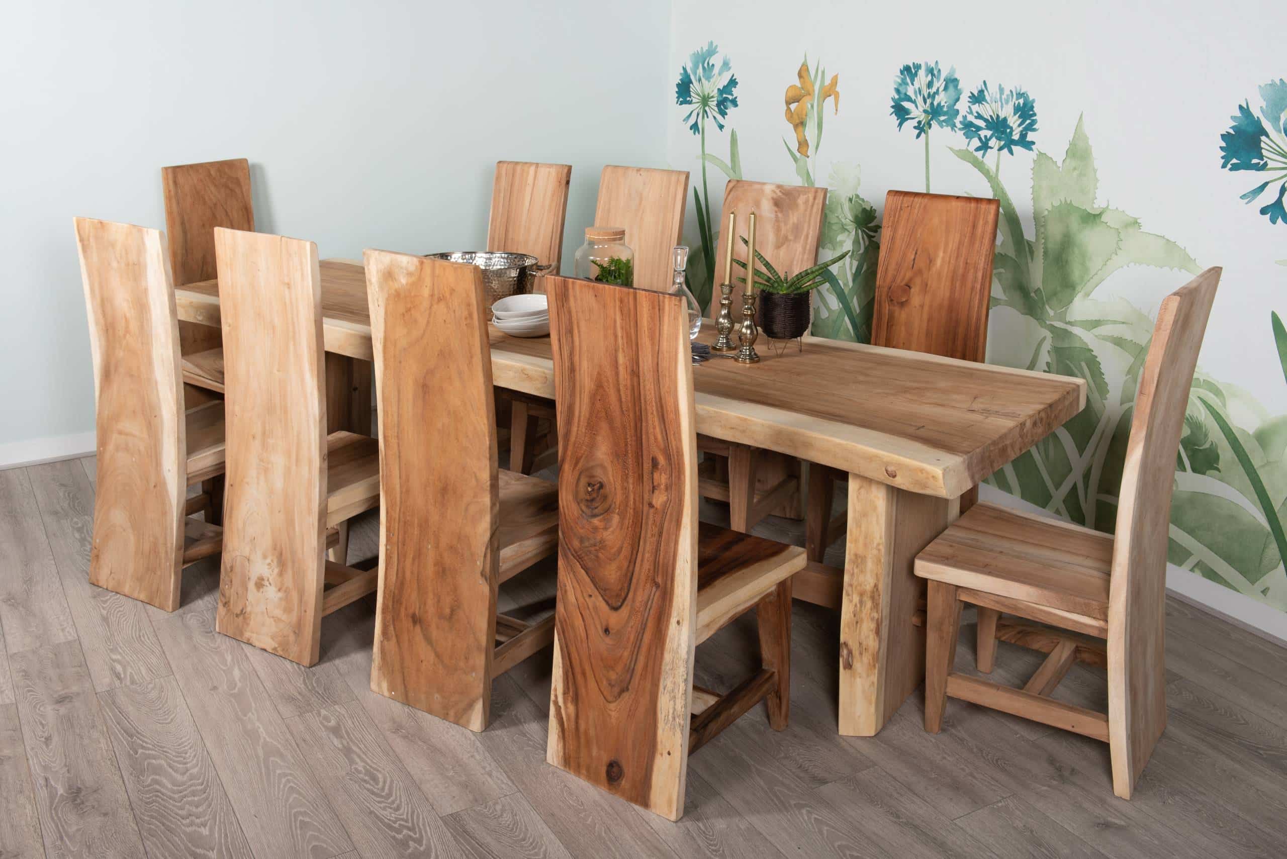 10 Seater Live Edge Dining Set | 3m Solid Wood Live Edge Dining Table with 10 Live Edge Dining Chairs Full Length Back