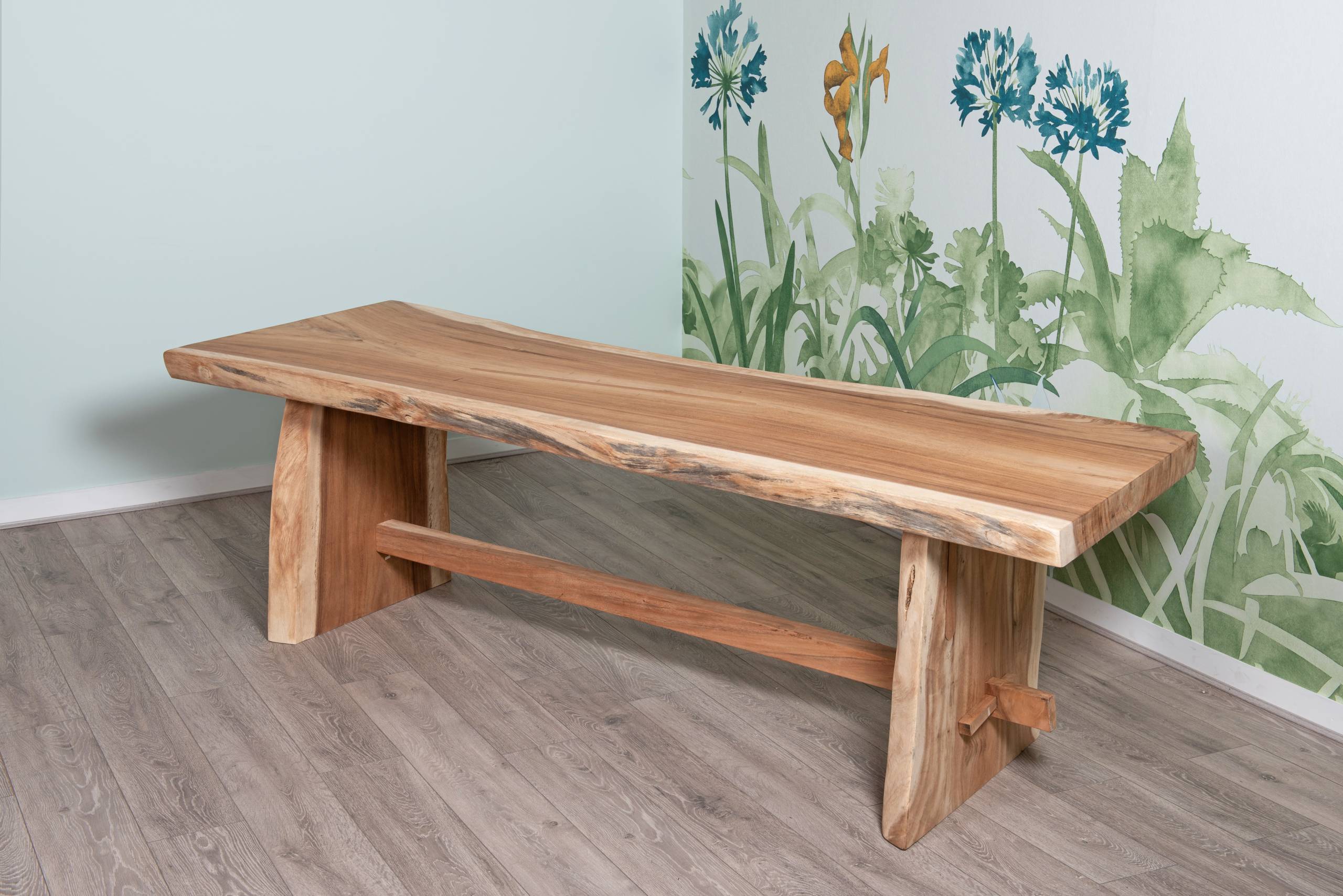 8 Seater Live Edge Dining Set | 2.5m Solid Wood Live Edge Dining Table with 8 Natural Kubu Rattan Dining Chairs and Grey Cushions