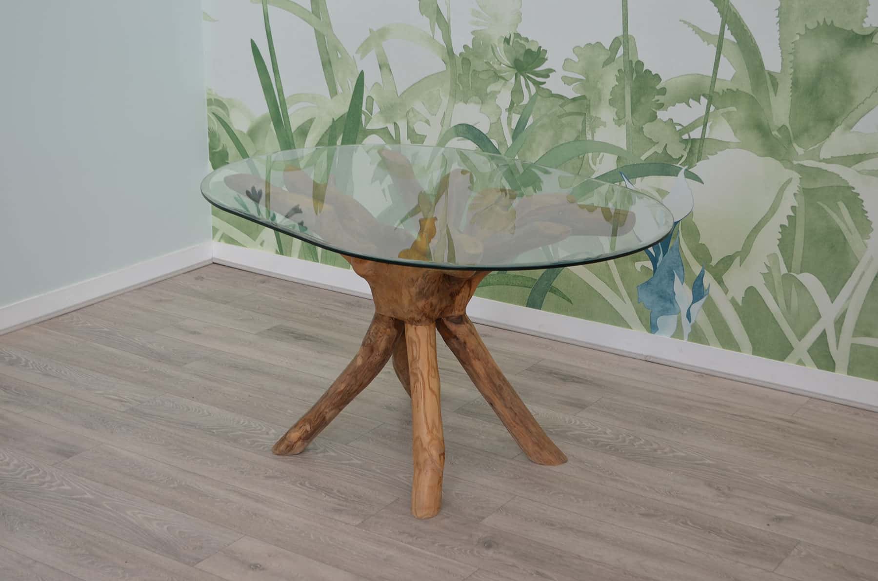 1.4m Oval Teak Root Dining Table with Glass Top - 4-6 Seater Table