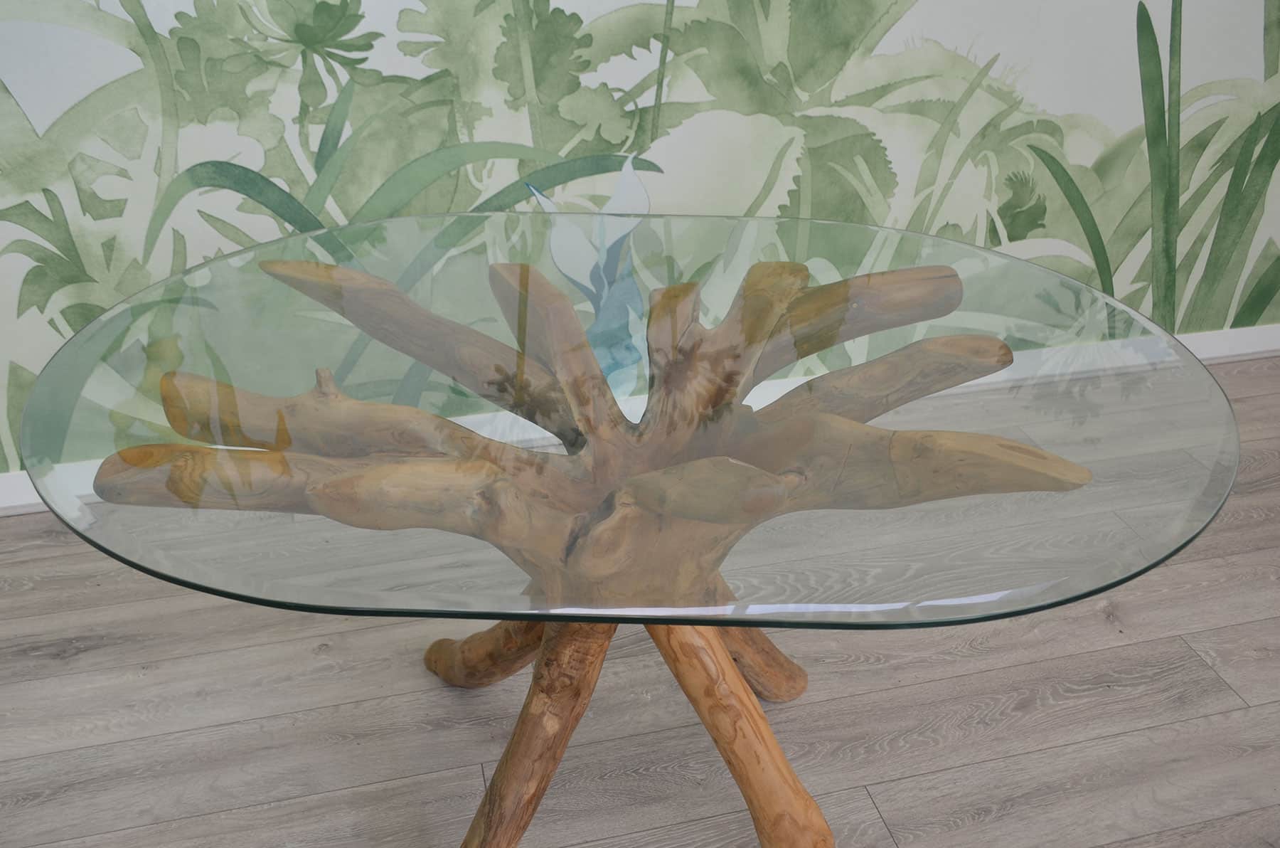 1.4m Oval Teak Root Dining Table with Glass Top - 4-6 Seater Table