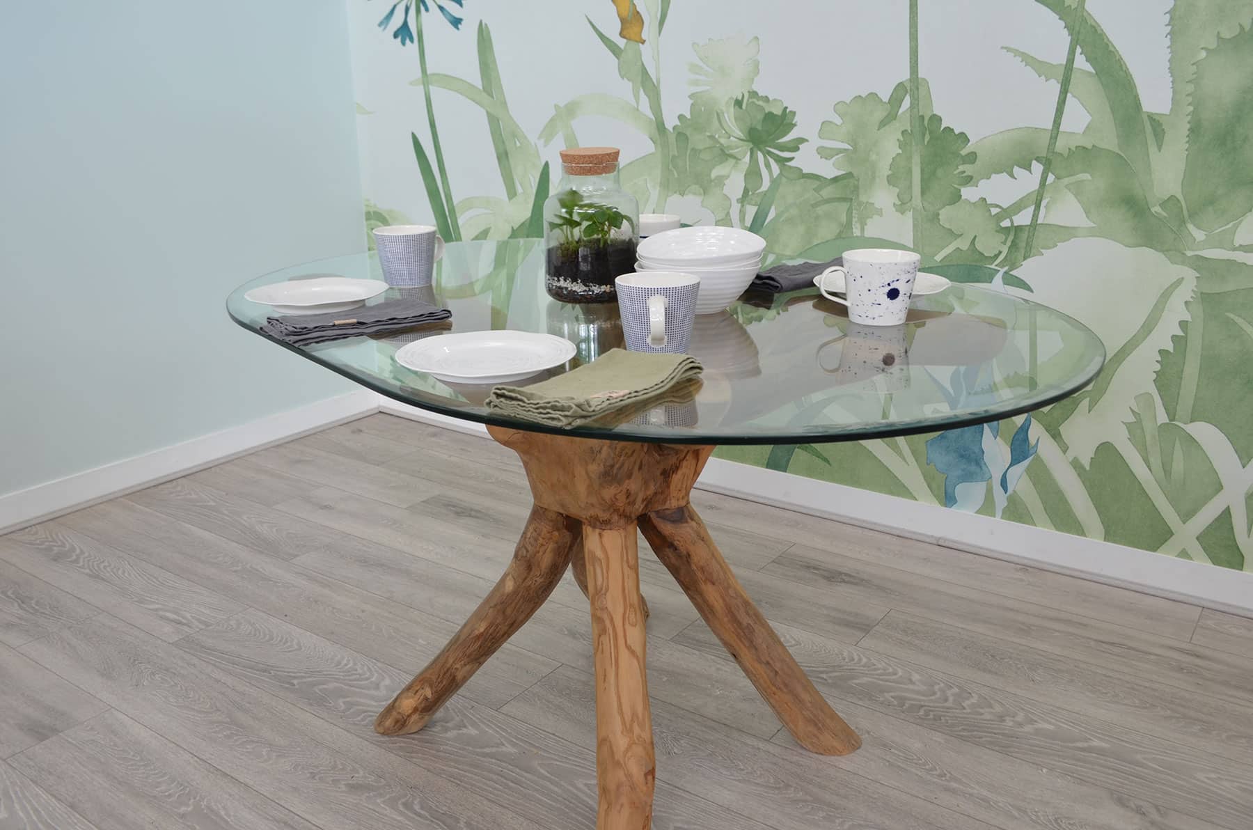 1.4m Oval Teak Root Dining Table with Glass Top - 4-6 Seater Table