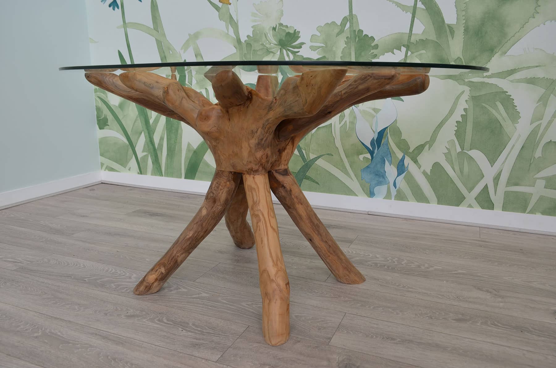 1.4m Oval Teak Root Dining Table with Glass Top - 4-6 Seater Table