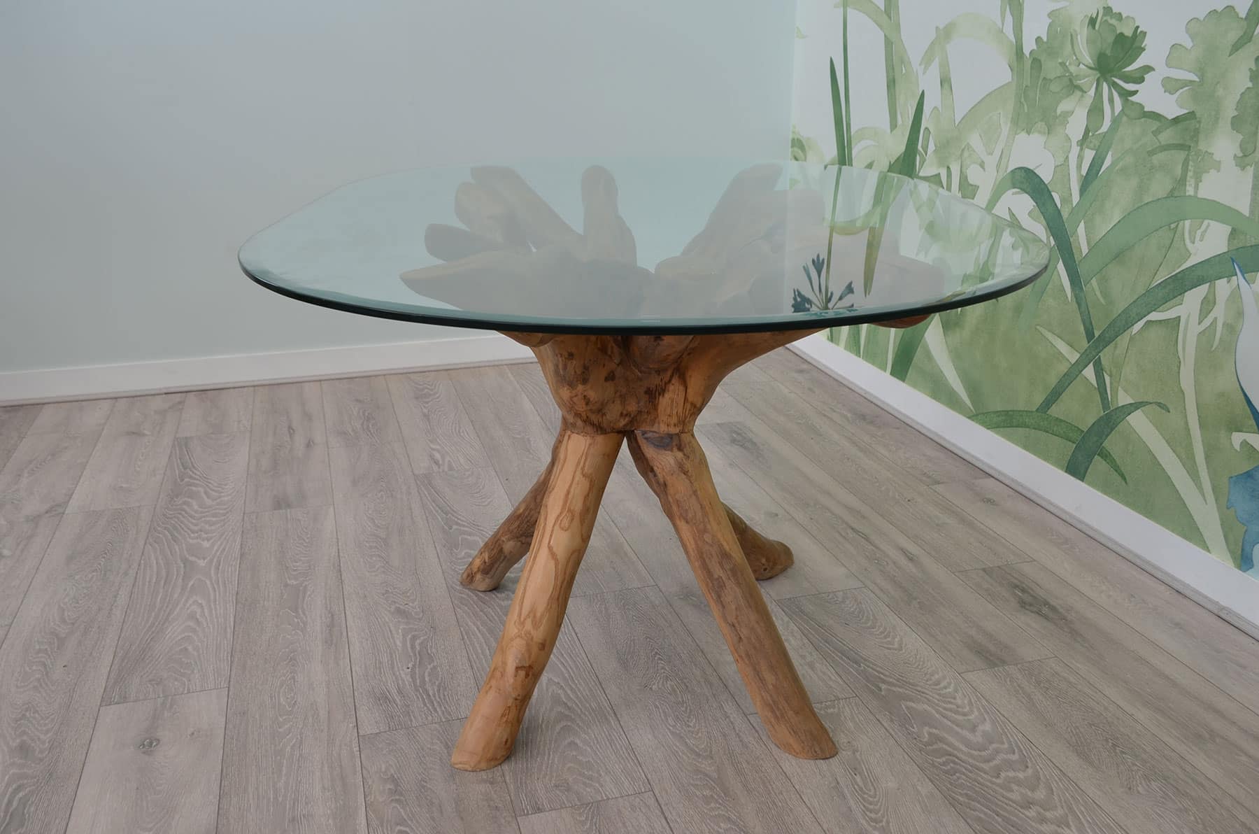 1.4m Oval Teak Root Dining Table with Glass Top - 4-6 Seater Table