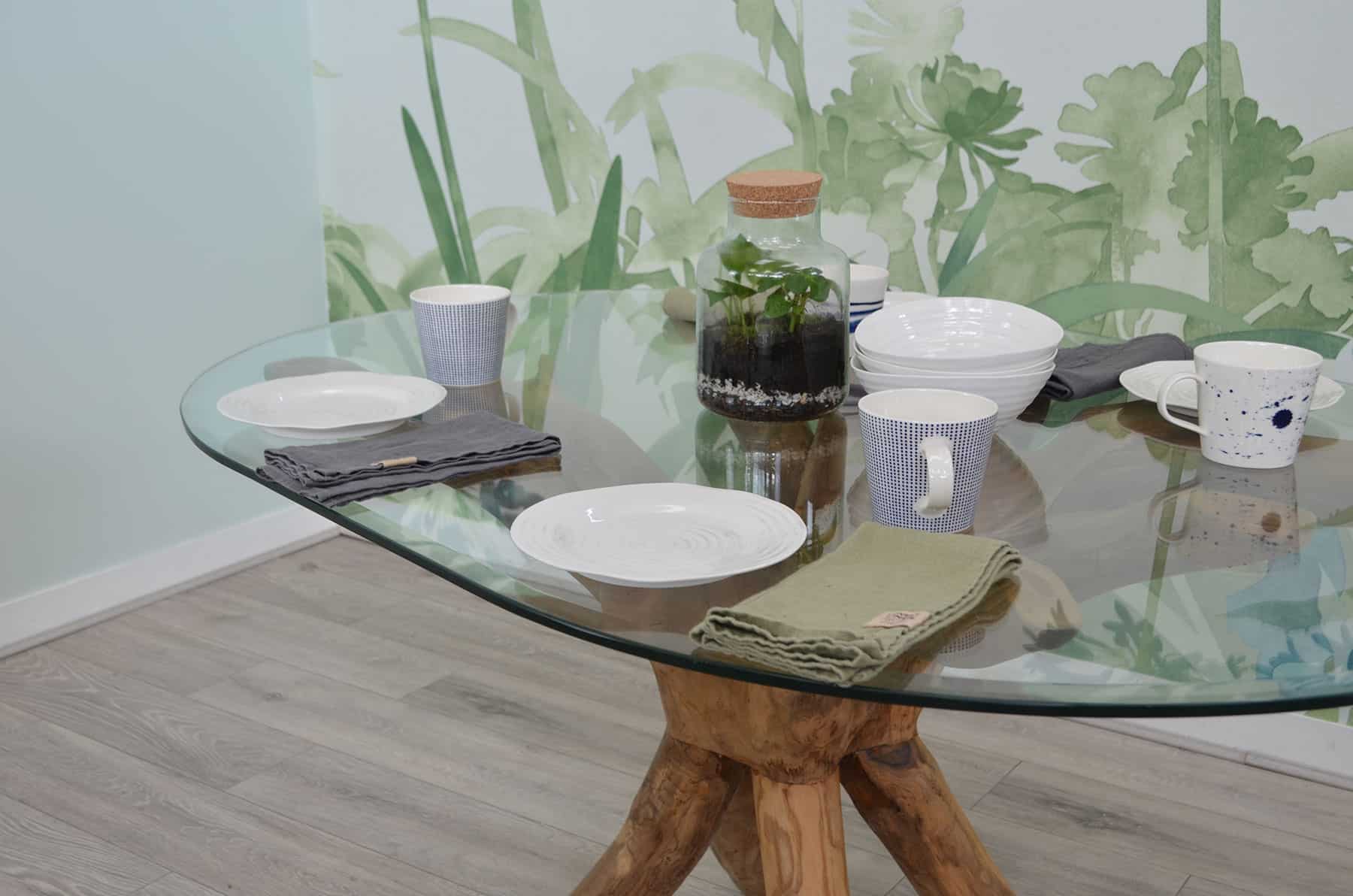 1.4m Oval Teak Root Dining Table with Glass Top - 4-6 Seater Table