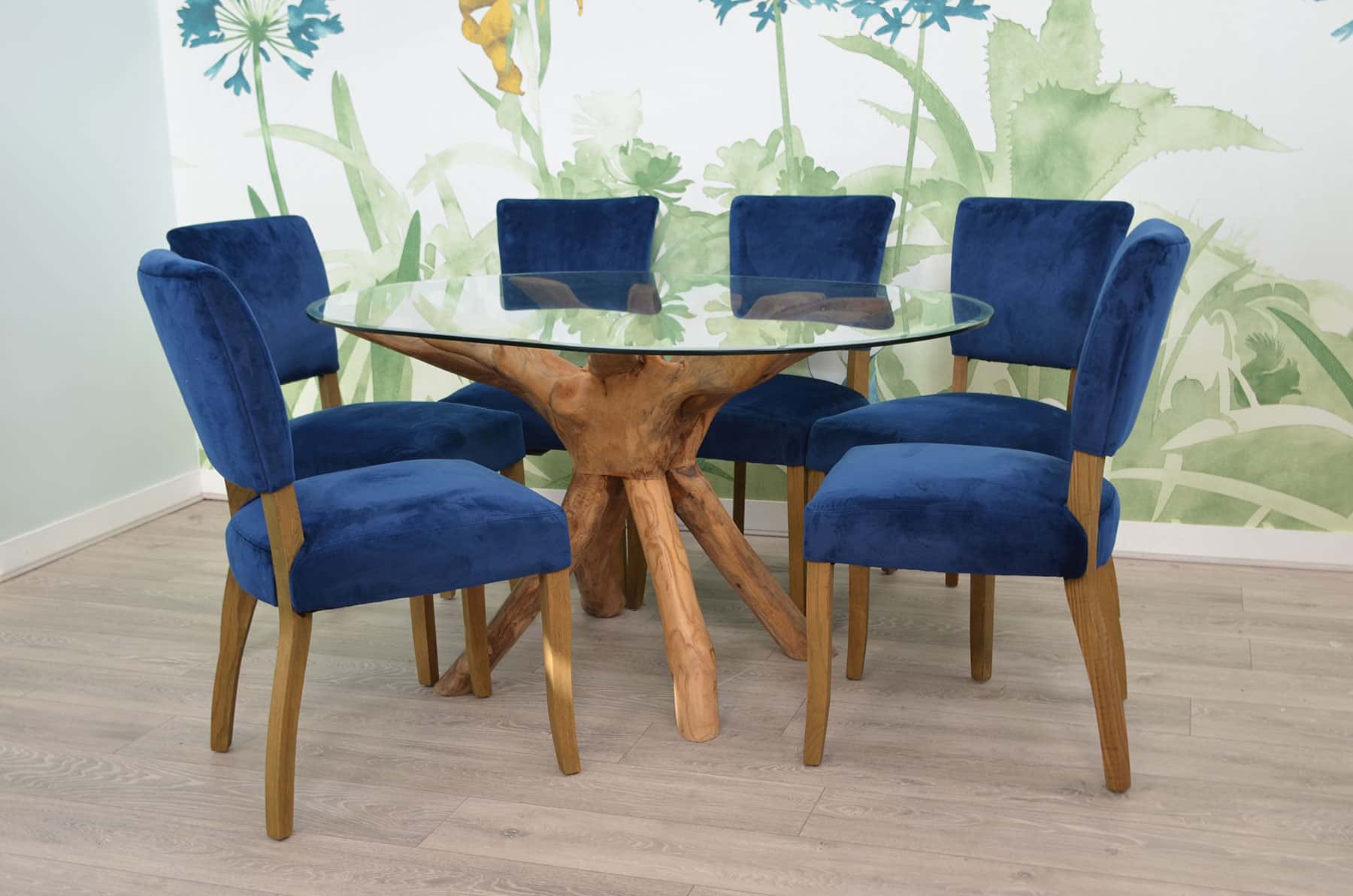 1.4m Oval Teak Root Dining Table with Glass Top - 4-6 Seater Table