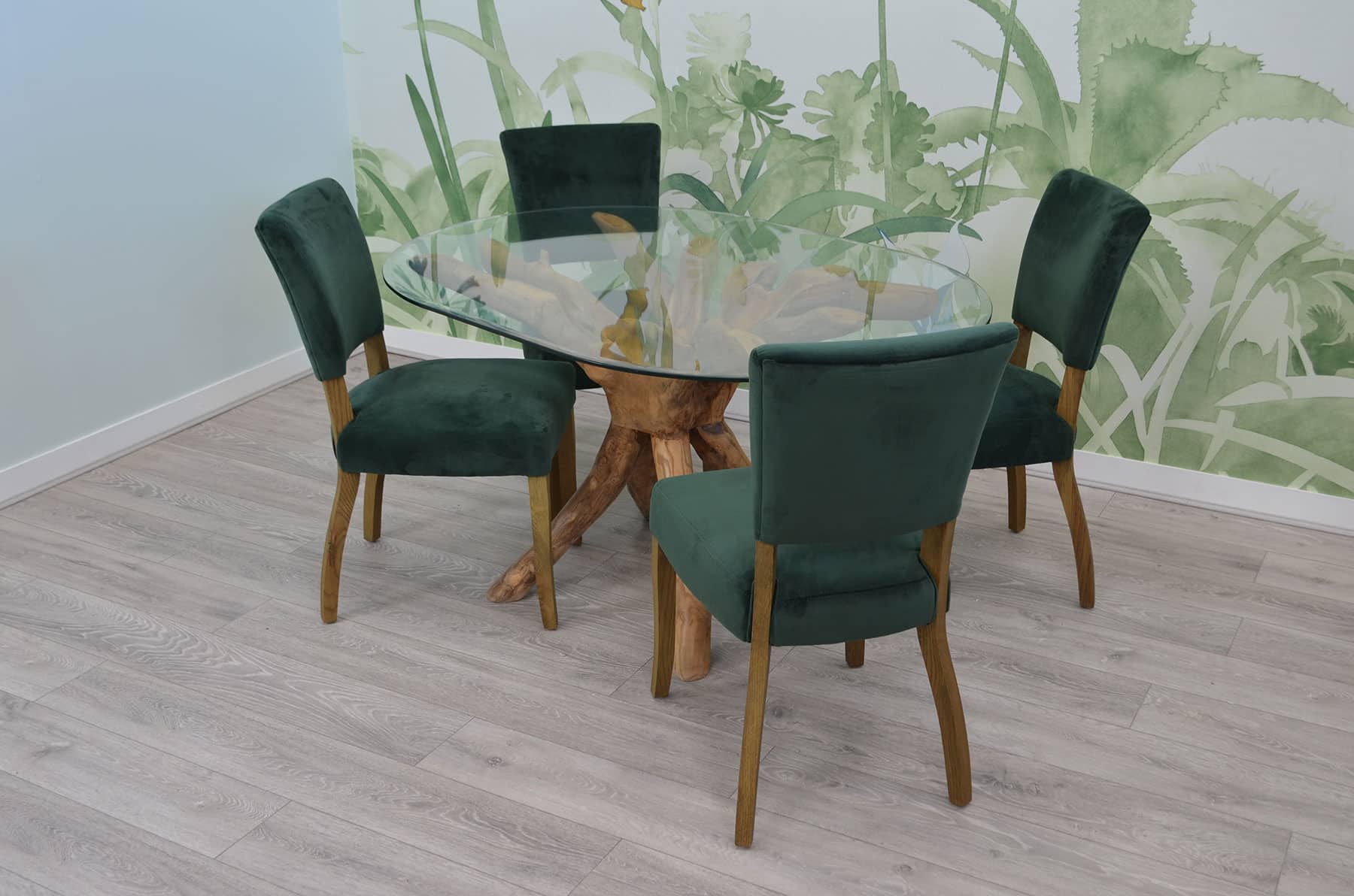 1.4m Oval Teak Root Dining Table with Glass Top - 4-6 Seater Table