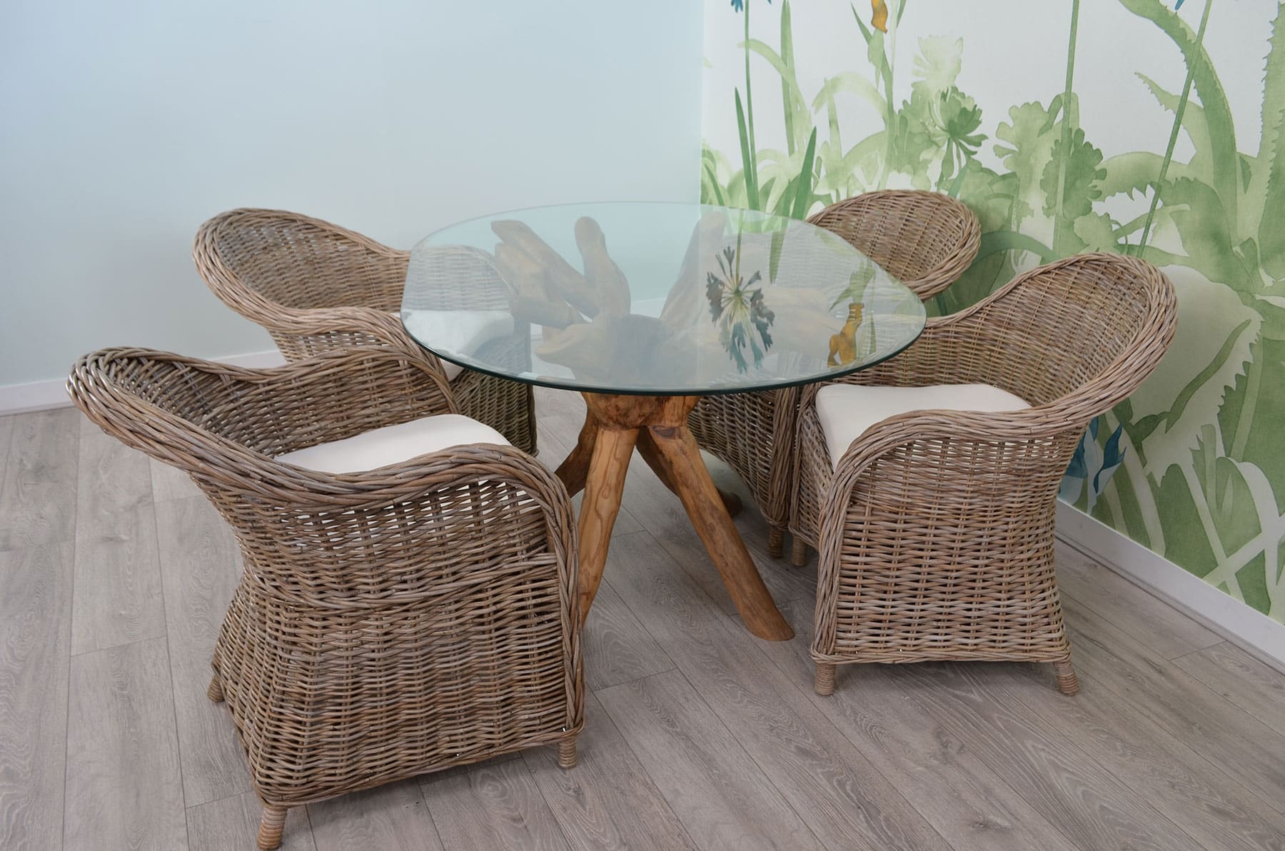 1.4m Oval Teak Root Dining Table with Glass Top - 4-6 Seater Table