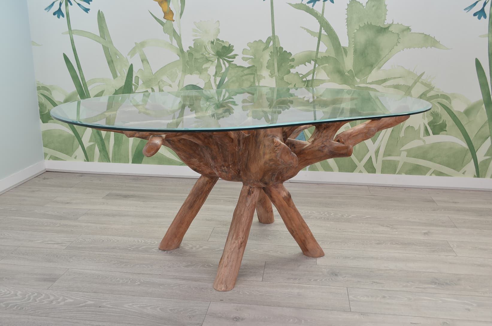 6 Seater Teak Root Dining Set | 1.8m Oval Teak Root Table with 6 Natural Banana Leaf Dining Chairs