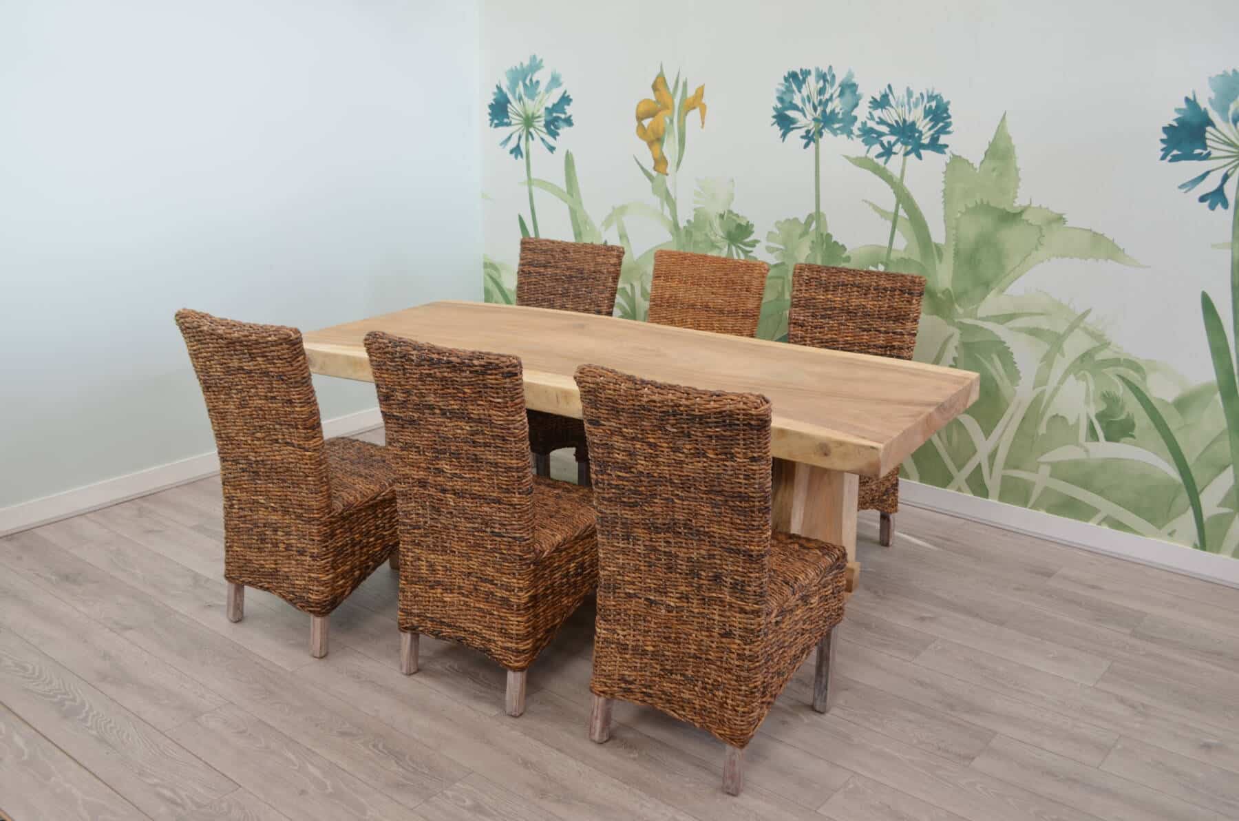 6 Seater Live Edge Dining Set | 2m Solid Wood Live Edge Dining Table with 6 Natural Banana Leaf Dining Chairs