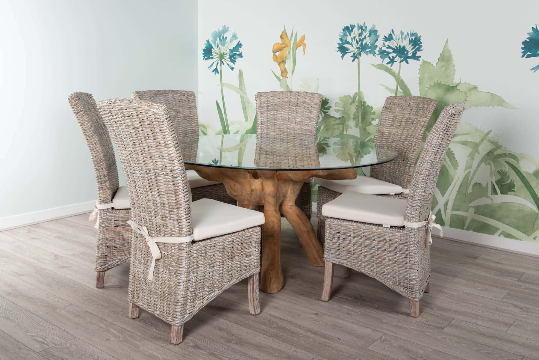 6 Seater Teak Root Dining Set | 1.5m Round Teak Root Table with 6 Whitewash Kubu Rattan Dining Chairs and Natural Cushions