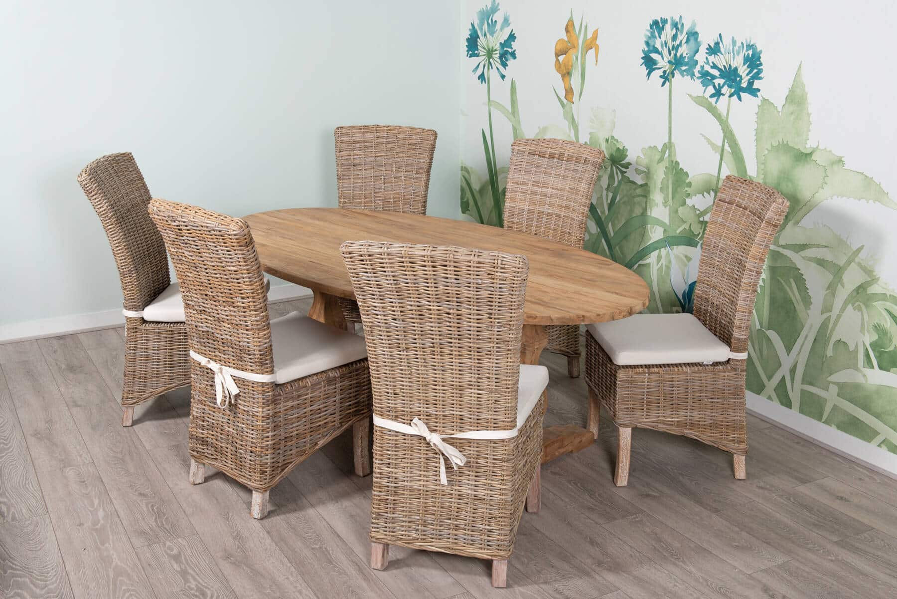 6 Seater Dining Set | 2m Oval Reclaimed Teak Dining Table with 6 Natural Kubu Rattan Wicker Dining Chairs and Natural Cushions