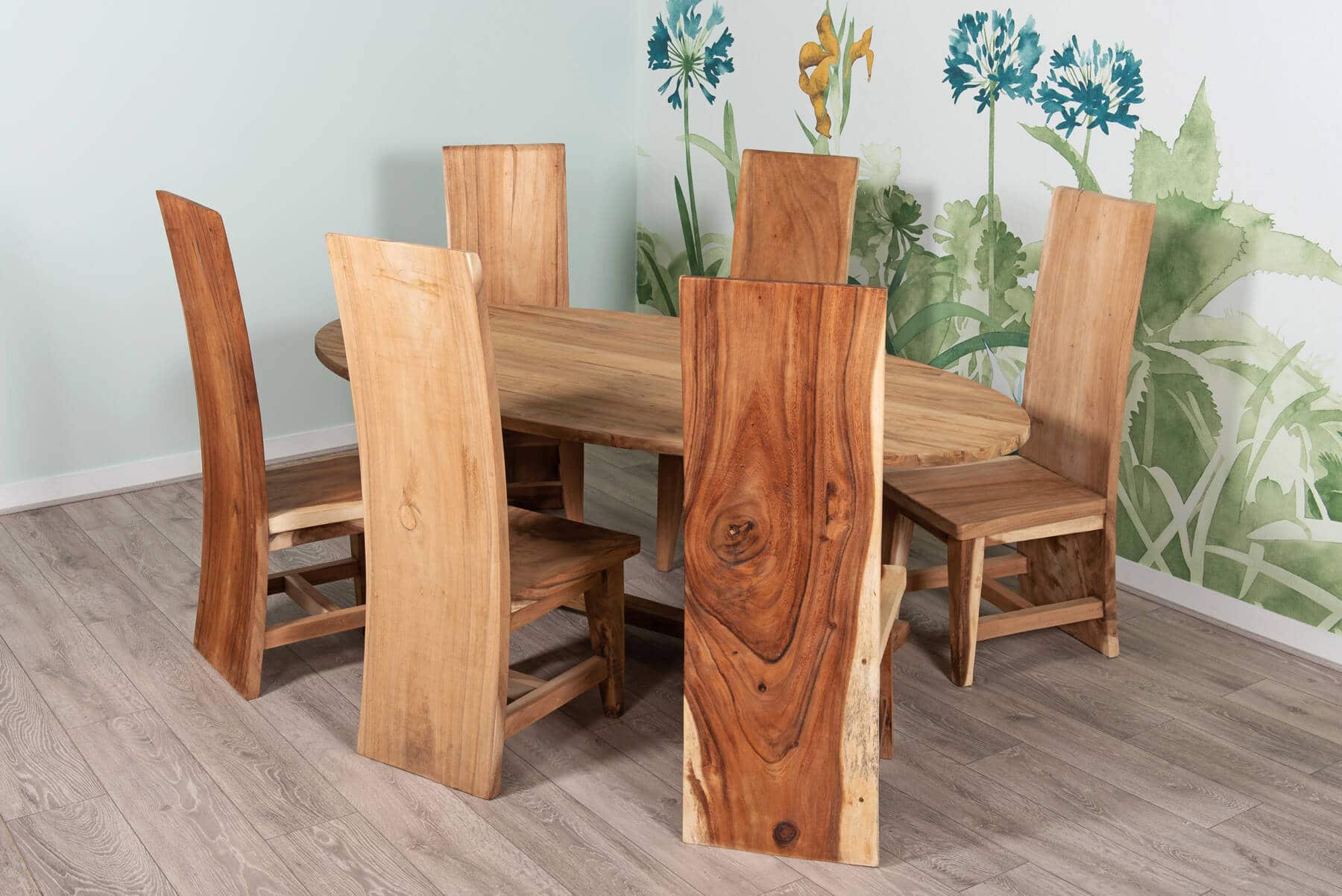 6 Seater Dining Set | 2m Oval Reclaimed Teak Dining Table with 6 Live Edge Full Length Back Dining Chairs