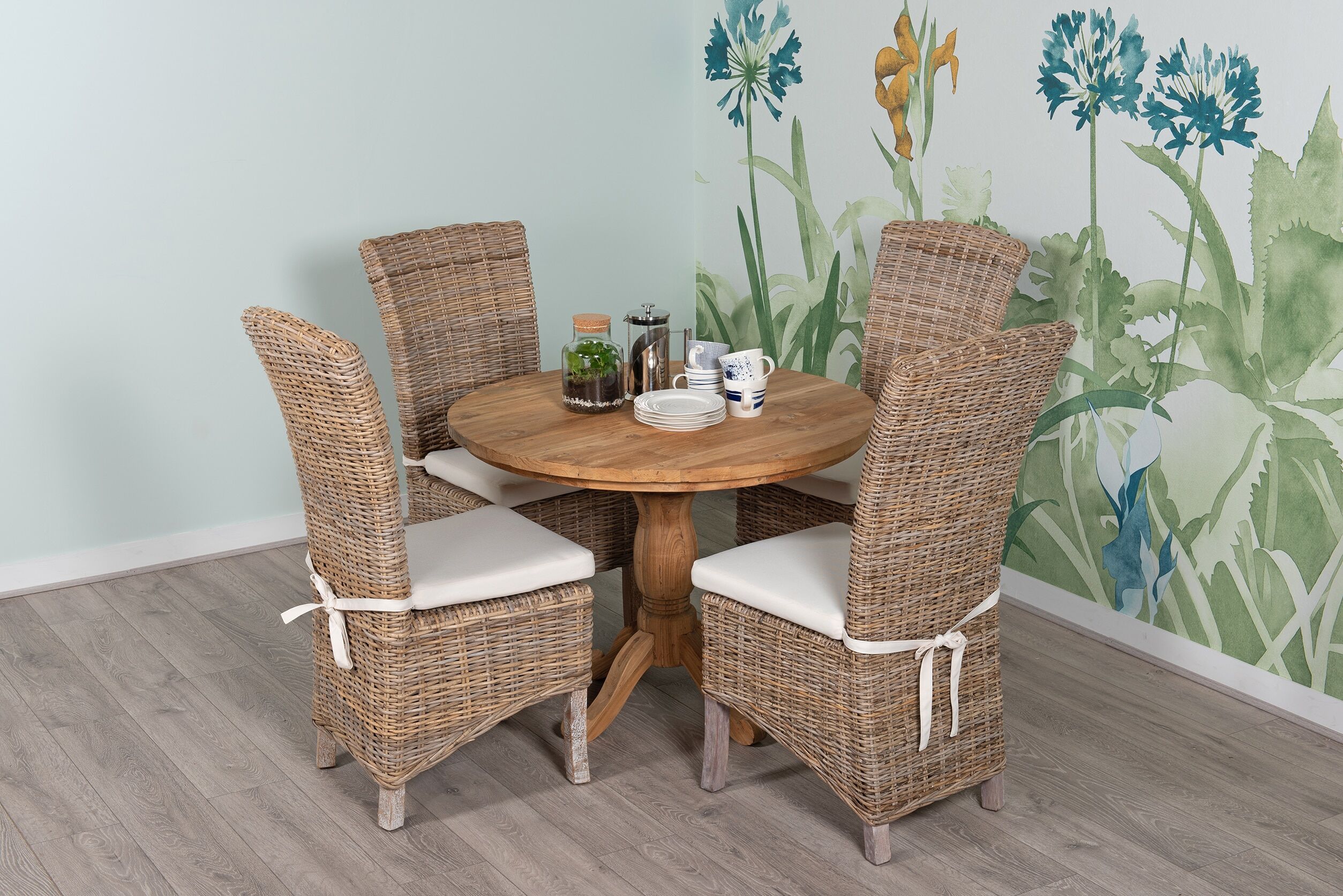 4 Seater Dining Set | 1m Round Reclaimed Teak Dining Table with 4 Natural Kubu Rattan Wicker Dining Chairs and Natural Cushions